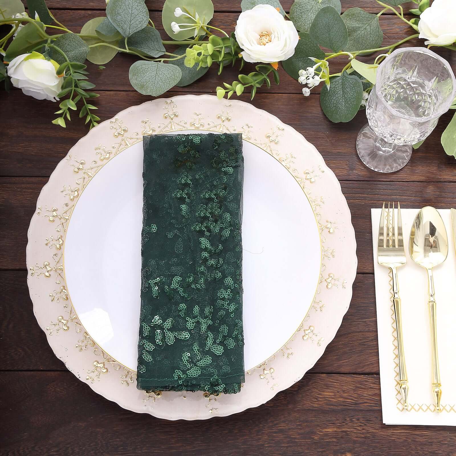 Sequin Tulle Napkin 20"x20" Hunter Emerald Green - Embroidered Leaf Vine Dinner Napkins - Image 7