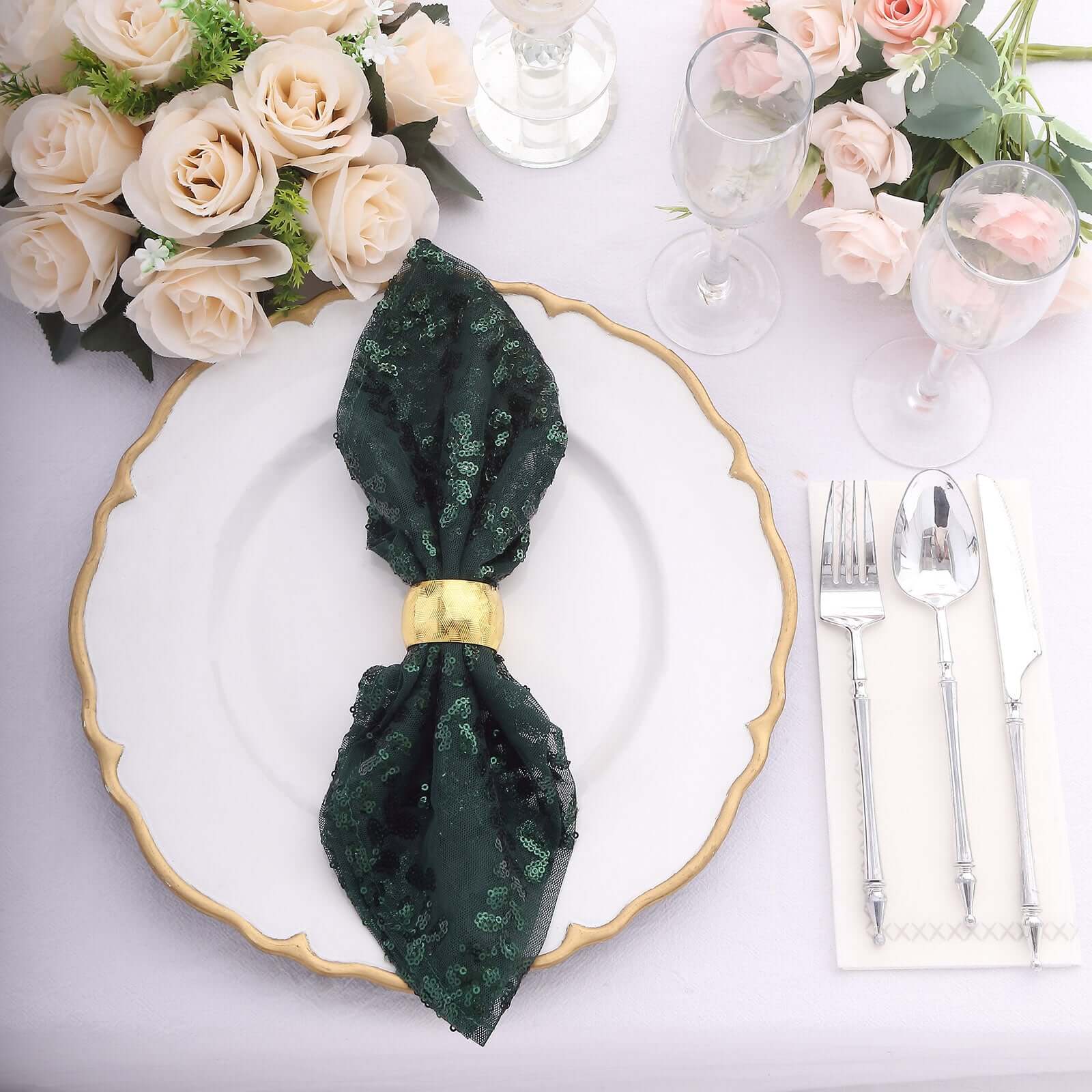Sequin Tulle Napkin 20"x20" Hunter Emerald Green - Embroidered Leaf Vine Dinner Napkins - Image 9