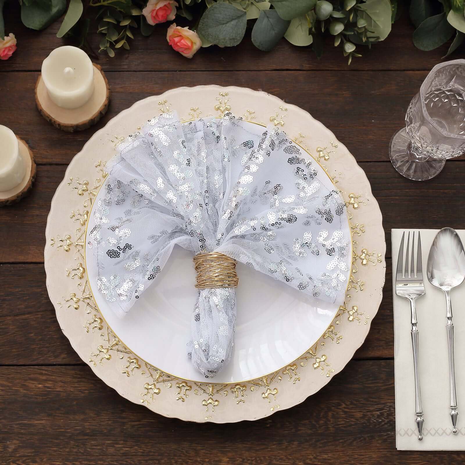 Sequin Tulle Napkin 20"x20" Silver - Embroidered Leaf Vine Dinner Napkins - Image 2