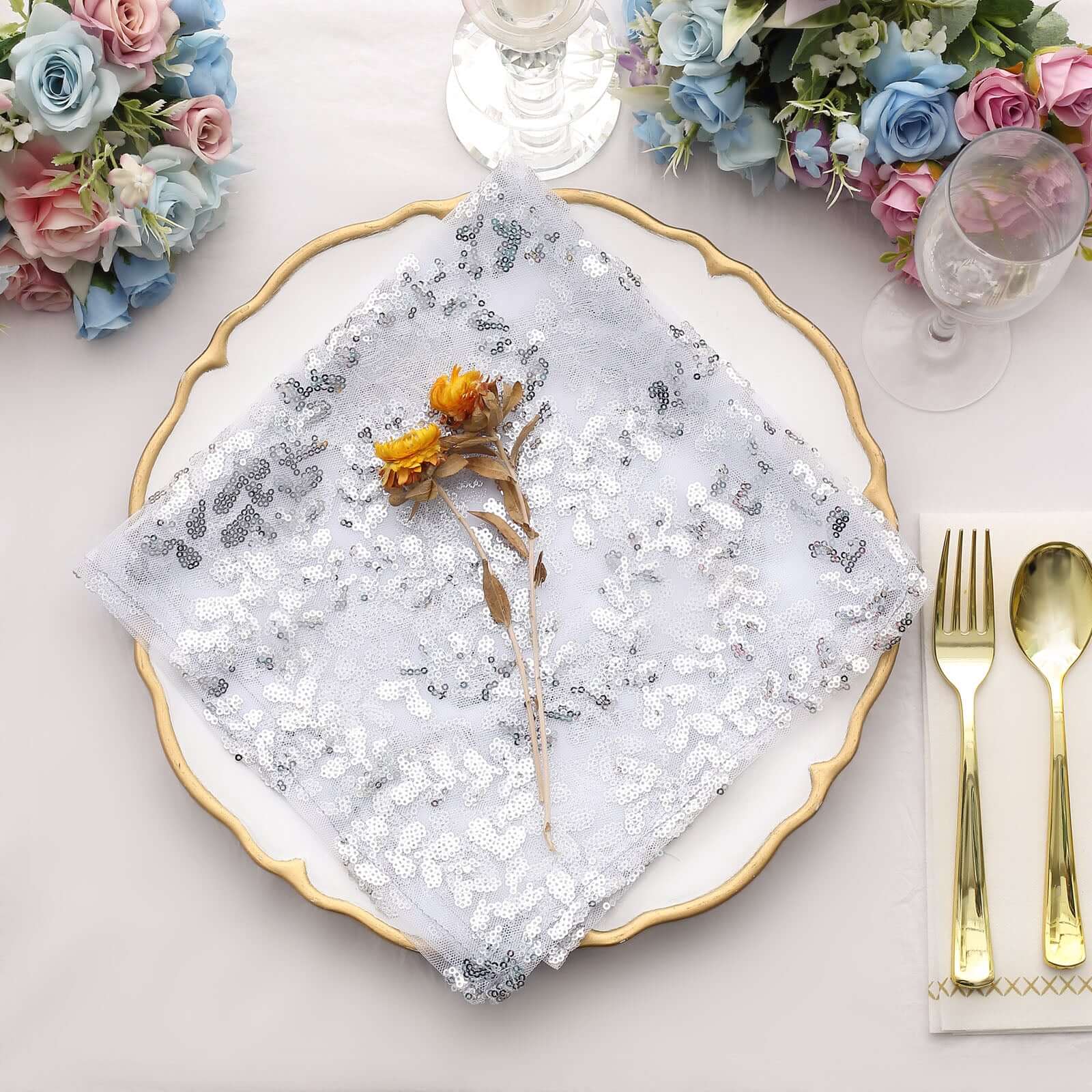 Sequin Tulle Napkin 20"x20" Silver - Embroidered Leaf Vine Dinner Napkins - Image 3
