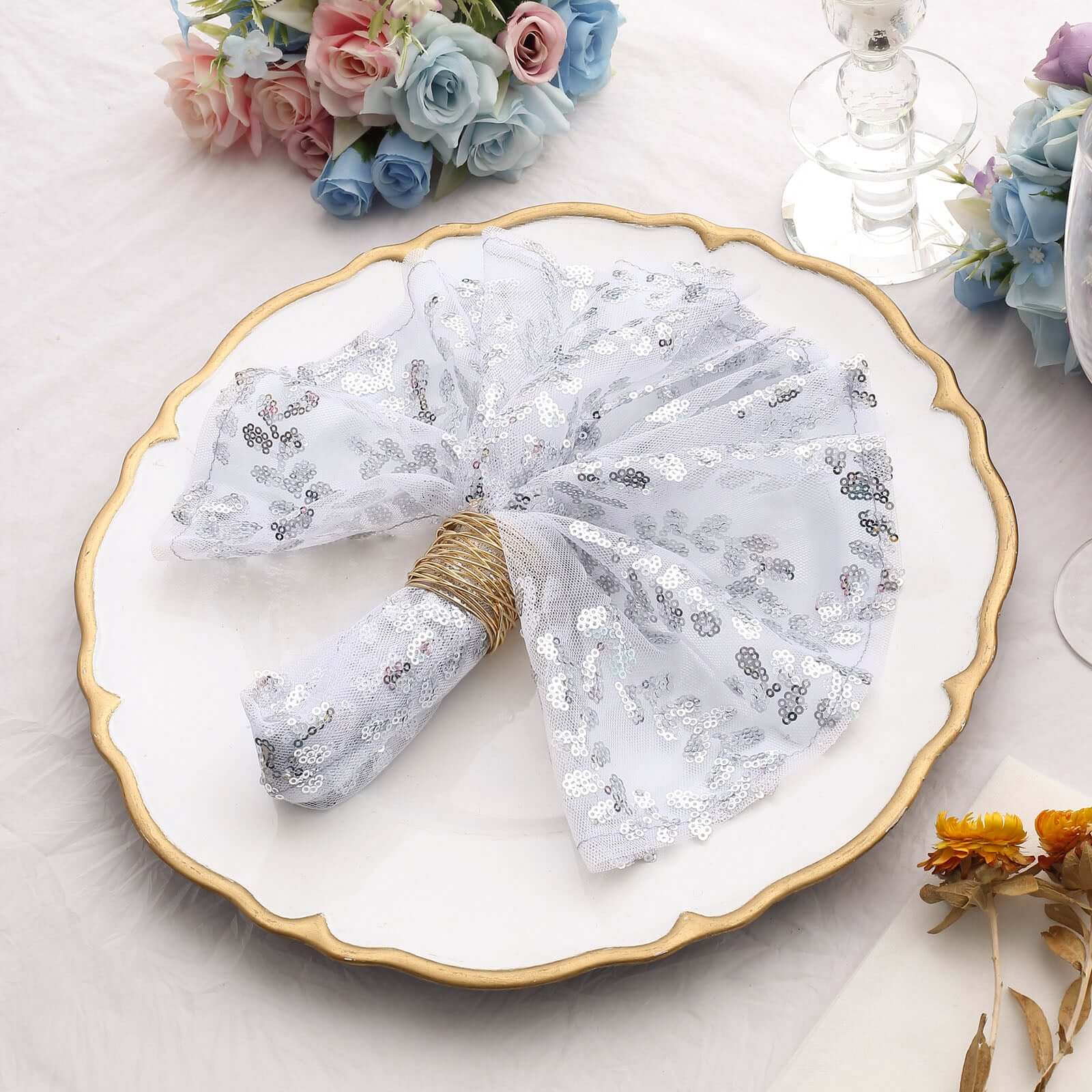 Sequin Tulle Napkin 20"x20" Silver - Embroidered Leaf Vine Dinner Napkins - Image 5
