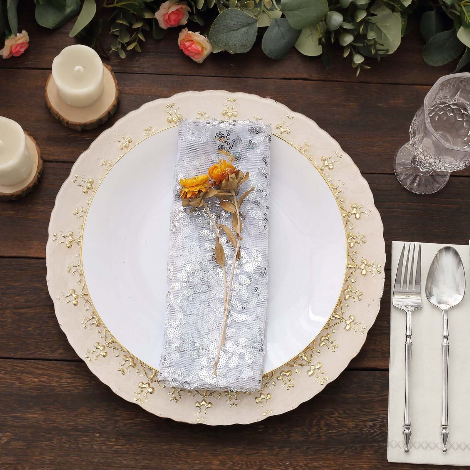 Sequin Tulle Napkin 20"x20" Silver - Embroidered Leaf Vine Dinner Napkins - Image 7