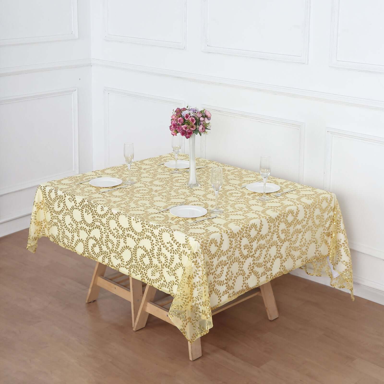 Sequin Tulle Table Overlay 72"x72" Gold Leaf Embroidered Design Perfect for Weddings and Upscale Events - Image 2