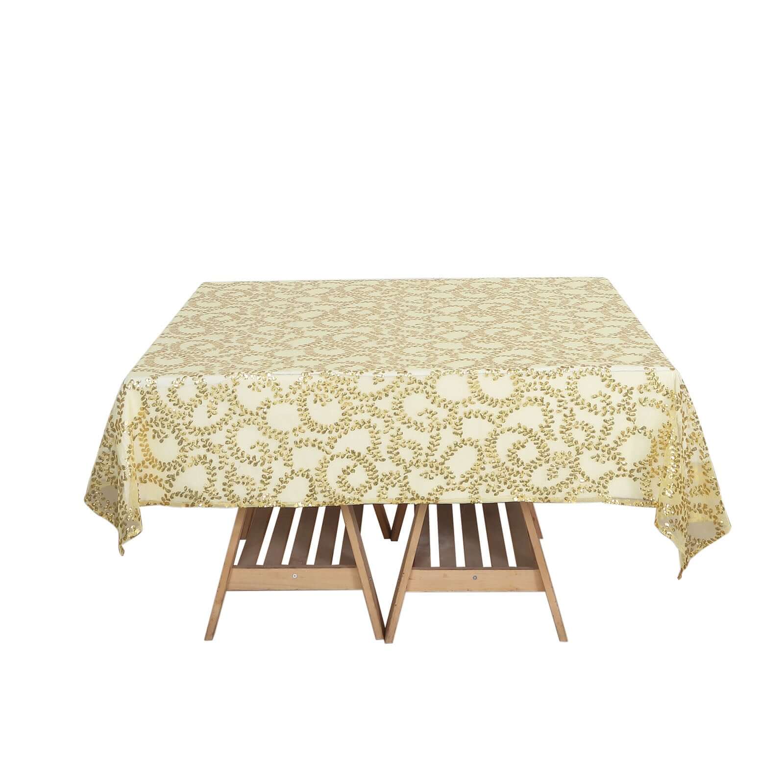 Sequin Tulle Table Overlay 72"x72" Gold Leaf Embroidered Design Perfect for Weddings and Upscale Events - Image 6
