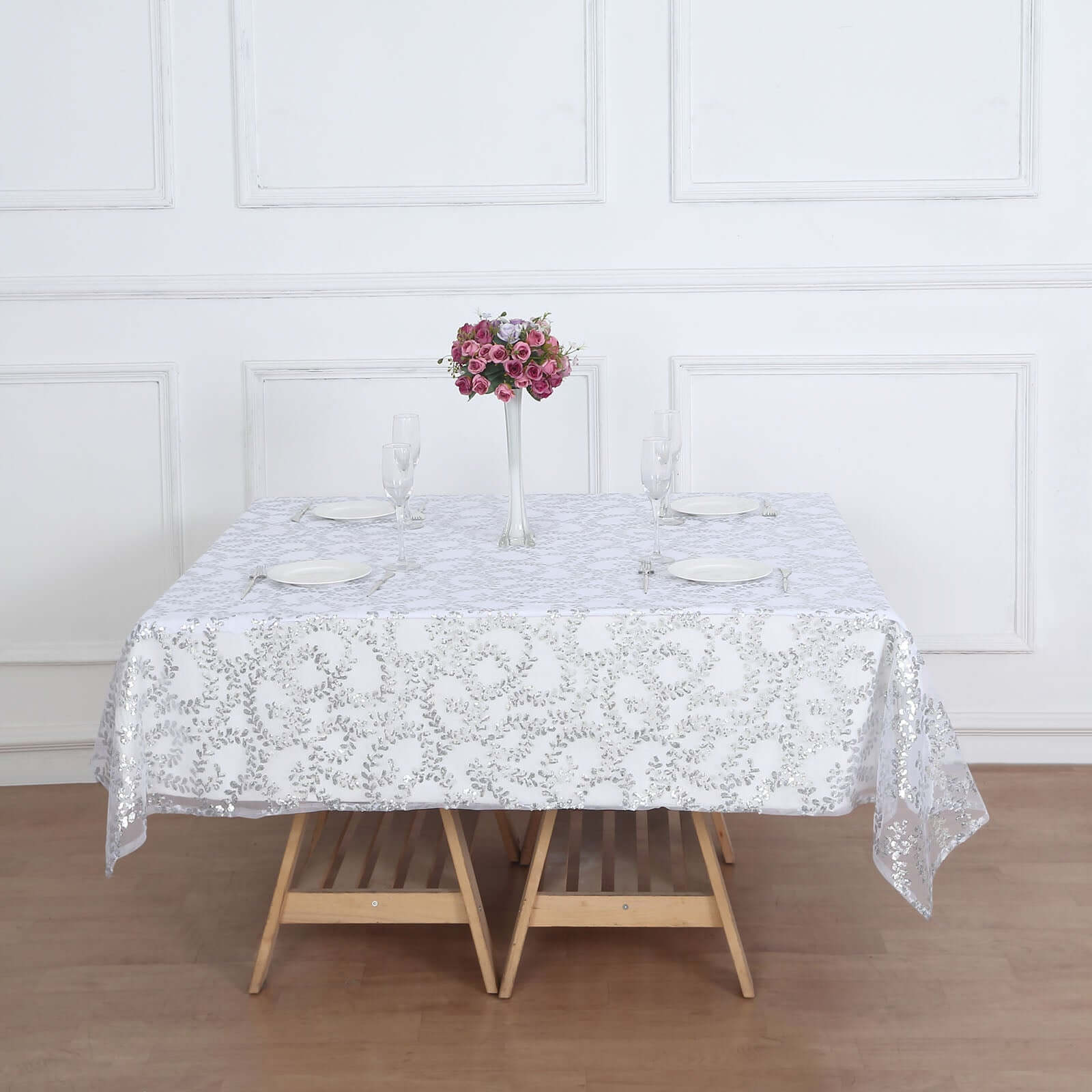 Sequin Tulle Table Overlay 72"x72" Silver Leaf Embroidered Table Topper - Image 4