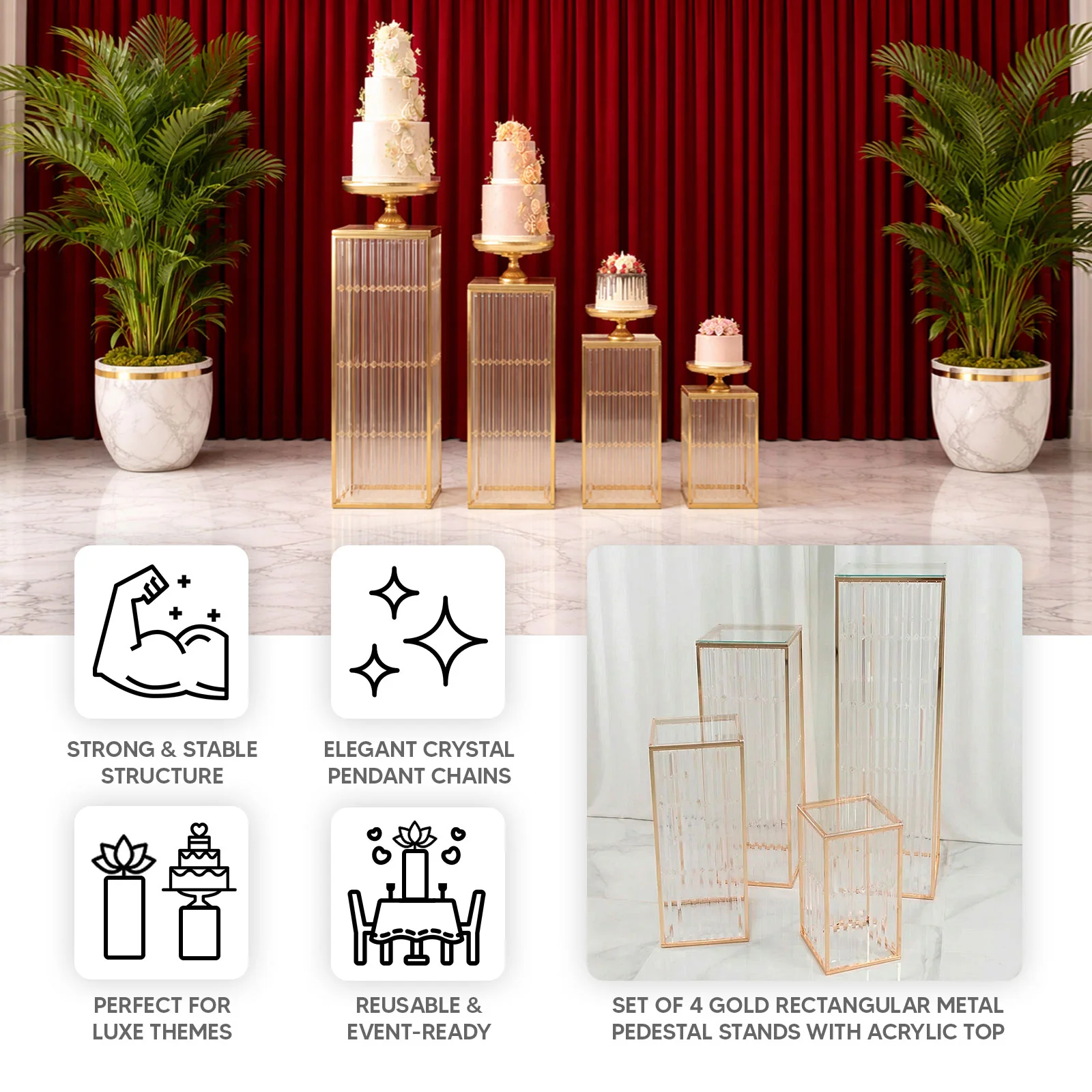 Set of 4 Gold Metal Pedestal Stands – Pre-Assembled Rectangular Cake and Floral Display Risers with Acrylic Top & Crystal Pendant Strip Chains – 16", 24", 32", 40" - Image 4