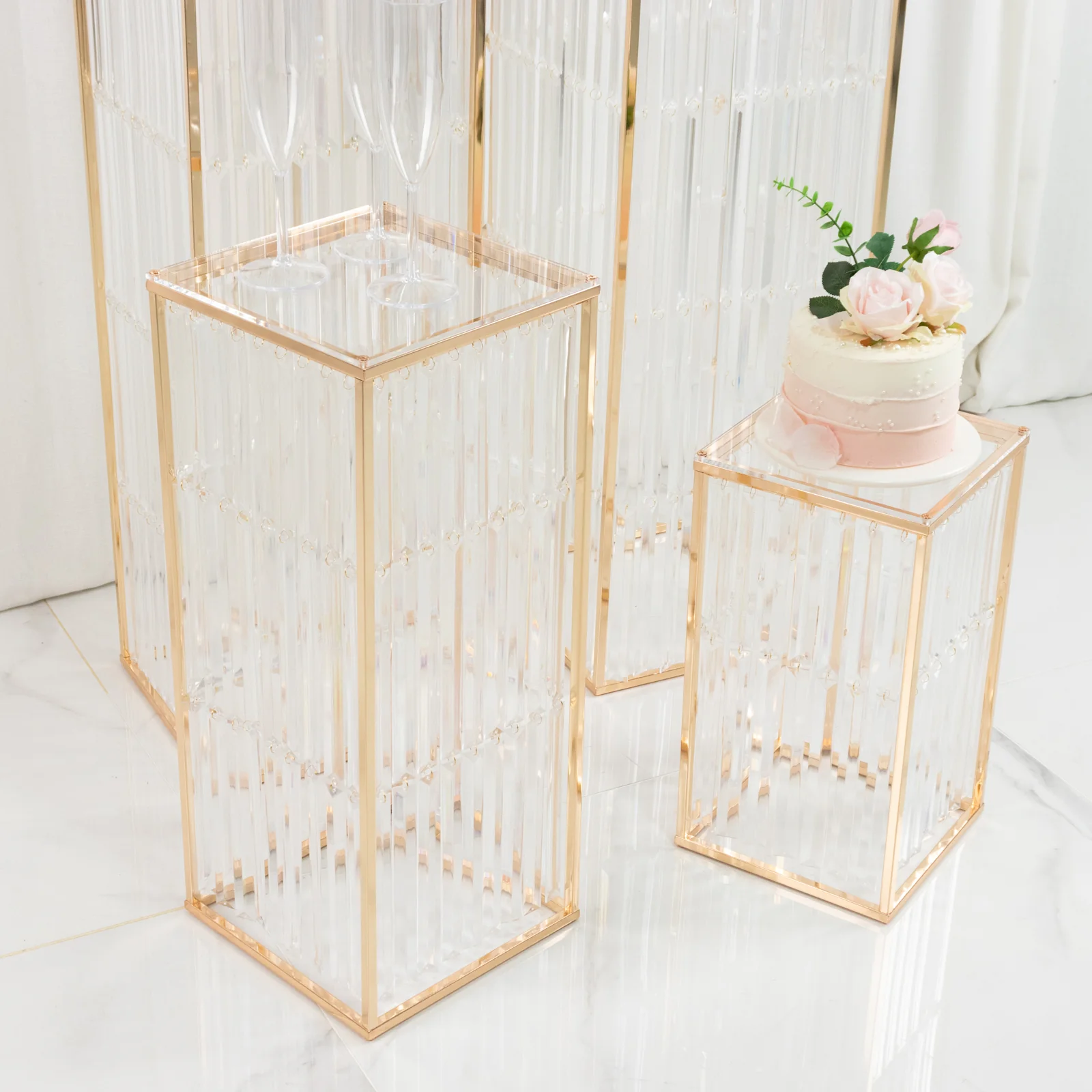 Set of 4 Gold Metal Pedestal Stands – Pre-Assembled Rectangular Cake and Floral Display Risers with Acrylic Top & Crystal Pendant Strip Chains – 16", 24", 32", 40" - Image 7