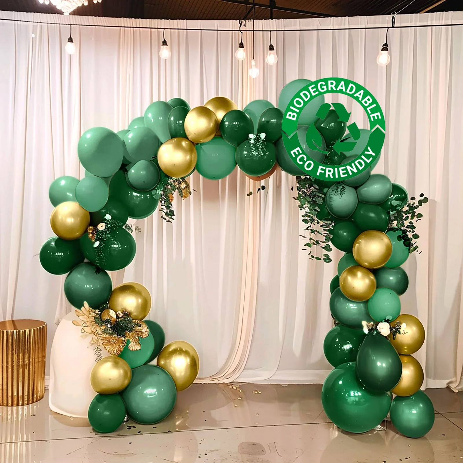 Set of 120 Gold Green Biodegradable Balloon Garland, Extra Strong Eco-friendly Latex Party Balloon Arch Kit