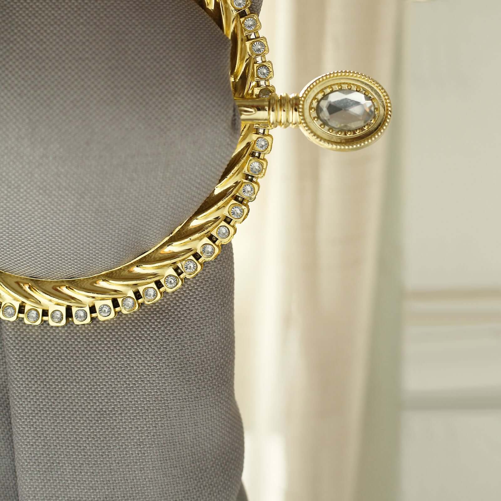 Set of 2 Gold Acrylic Braided Barrette Style Curtain Tie Backs With Crystal Diamond Studded Edge, Round Backdrop Drapery Brooch Holdbacks 6" - Image 2