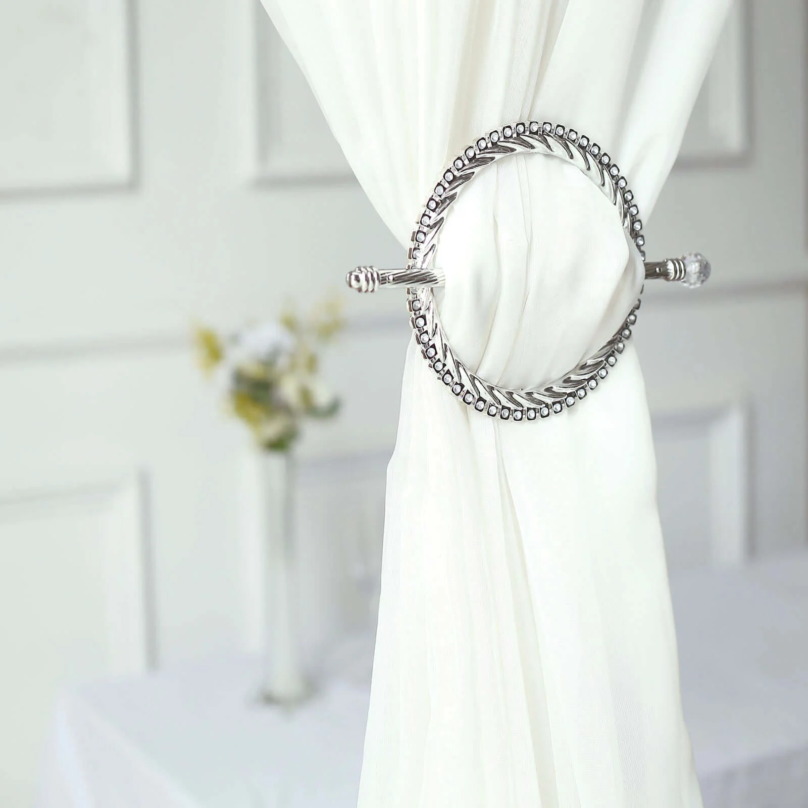 Set of 2 Silver Acrylic Braided Barrette Style Curtain Tie Backs With Crystal Diamond Studded Edge, Round Backdrop Drapery Brooch Holdbacks 6" - Image 11