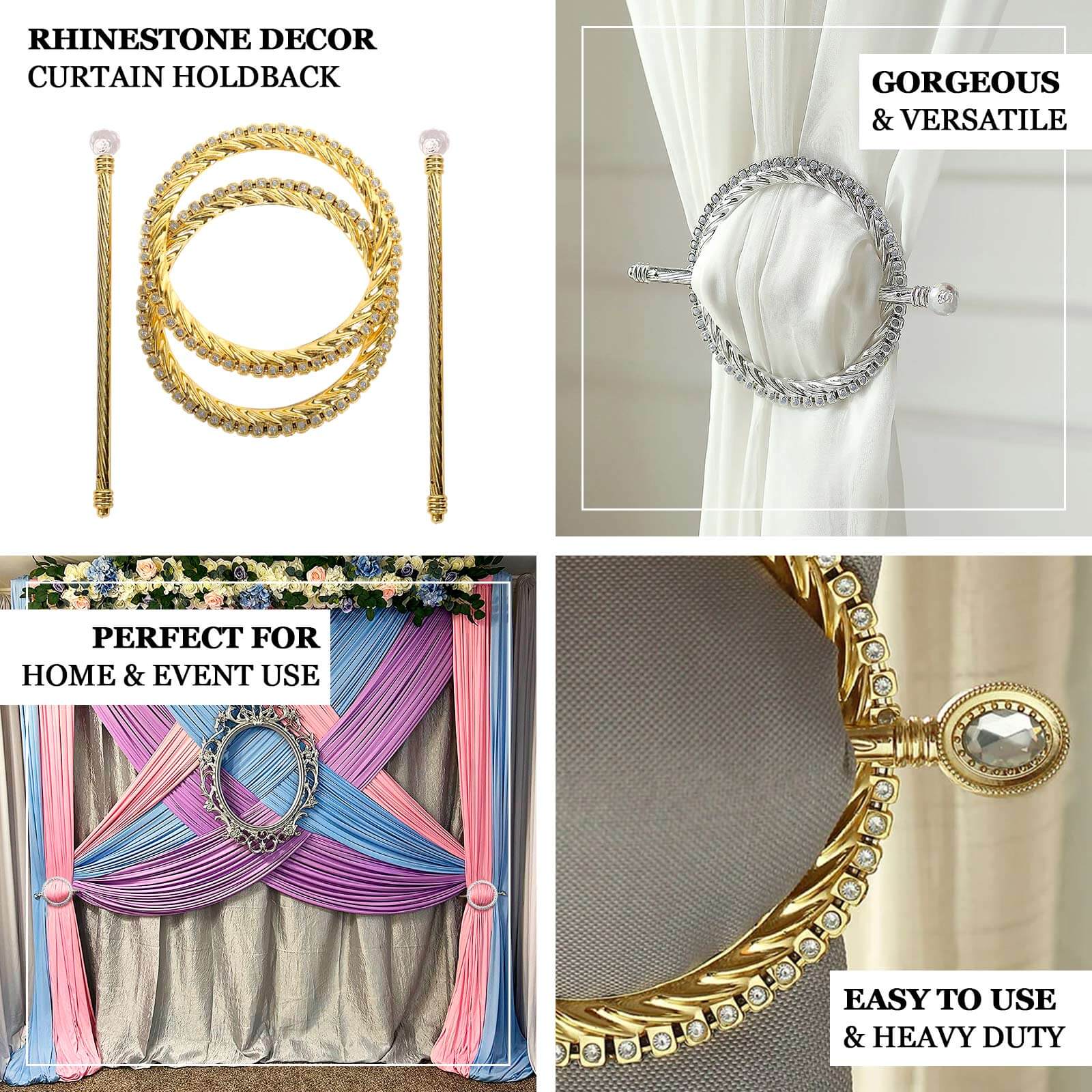 Set of 2 Silver Acrylic Braided Barrette Style Curtain Tie Backs With Crystal Diamond Studded Edge, Round Backdrop Drapery Brooch Holdbacks 6" - Image 4