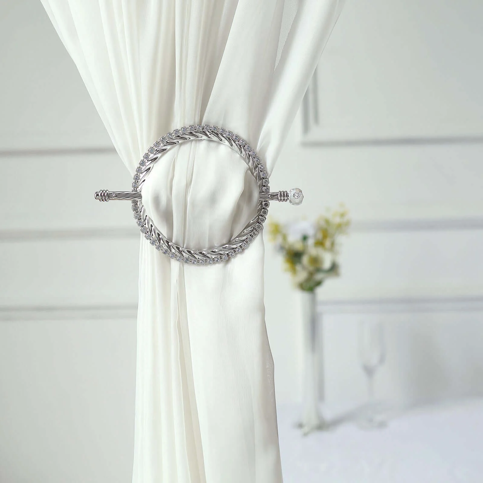 Set of 2 Silver Acrylic Braided Barrette Style Curtain Tie Backs With Crystal Diamond Studded Edge, Round Backdrop Drapery Brooch Holdbacks 6" - Image 7