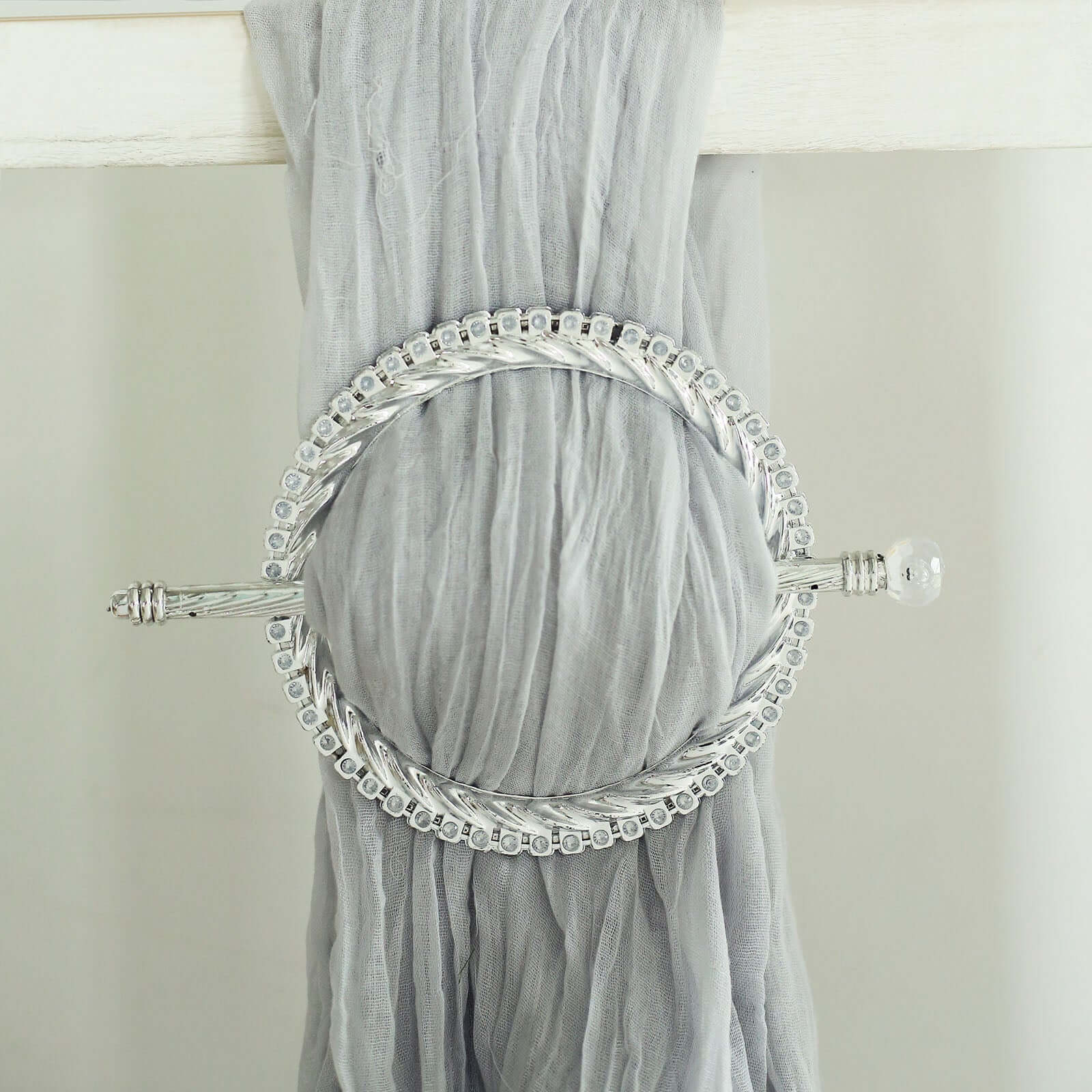 Set of 2 Silver Acrylic Braided Barrette Style Curtain Tie Backs With Crystal Diamond Studded Edge, Round Backdrop Drapery Brooch Holdbacks 6" - Image 8