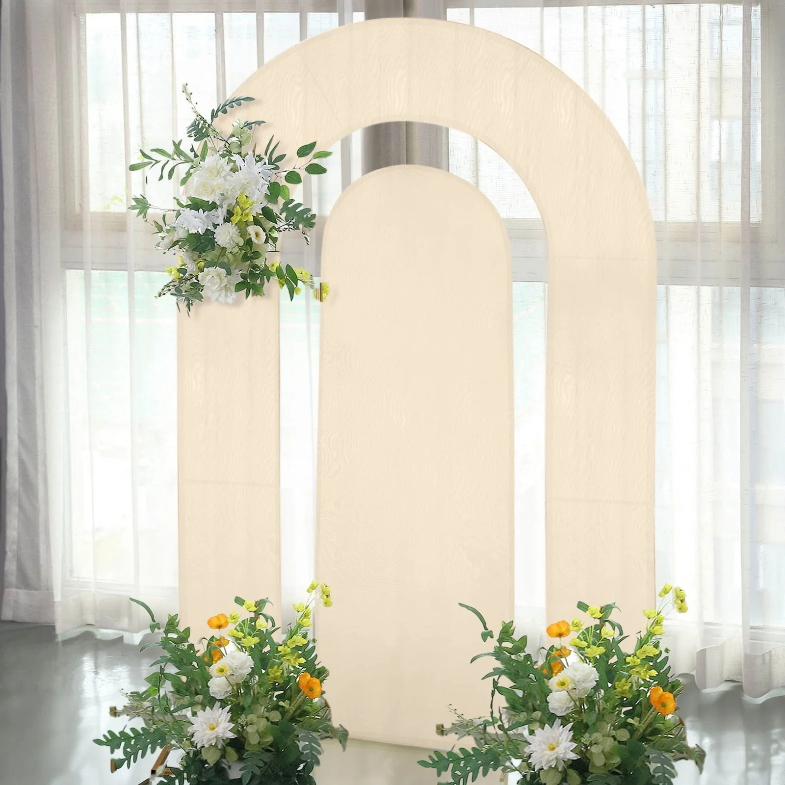 Set of 2 Beige Spandex Fitted Wedding Arch Covers for Round Top and Double Arch Chiara Backdrop Stands - 6ft,8ft - Image 7