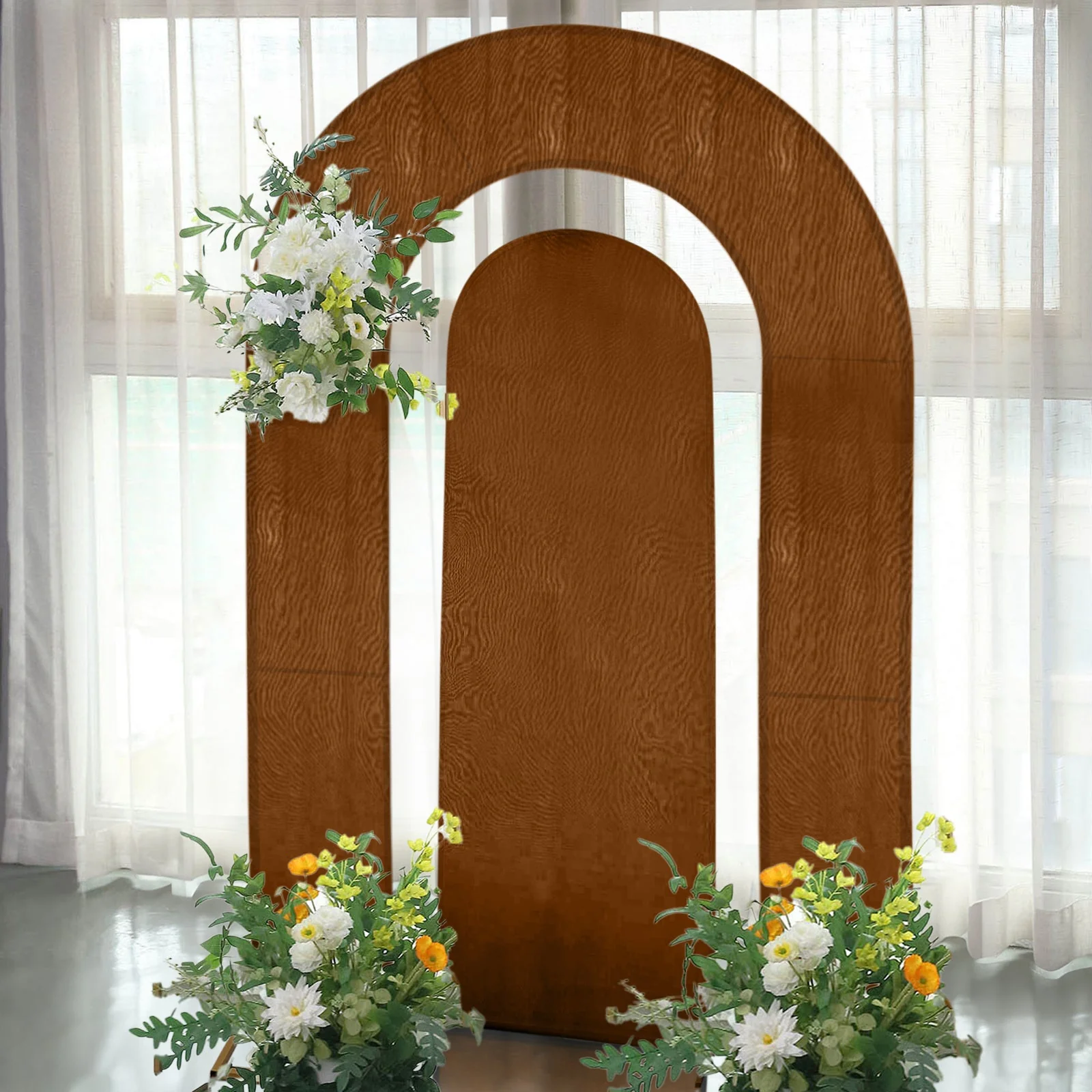 Set of 2 Brown Spandex Fitted Wedding Arch Covers for Round Top and Double Arch Chiara Backdrop Stands - 6ft,8ft - Image 7