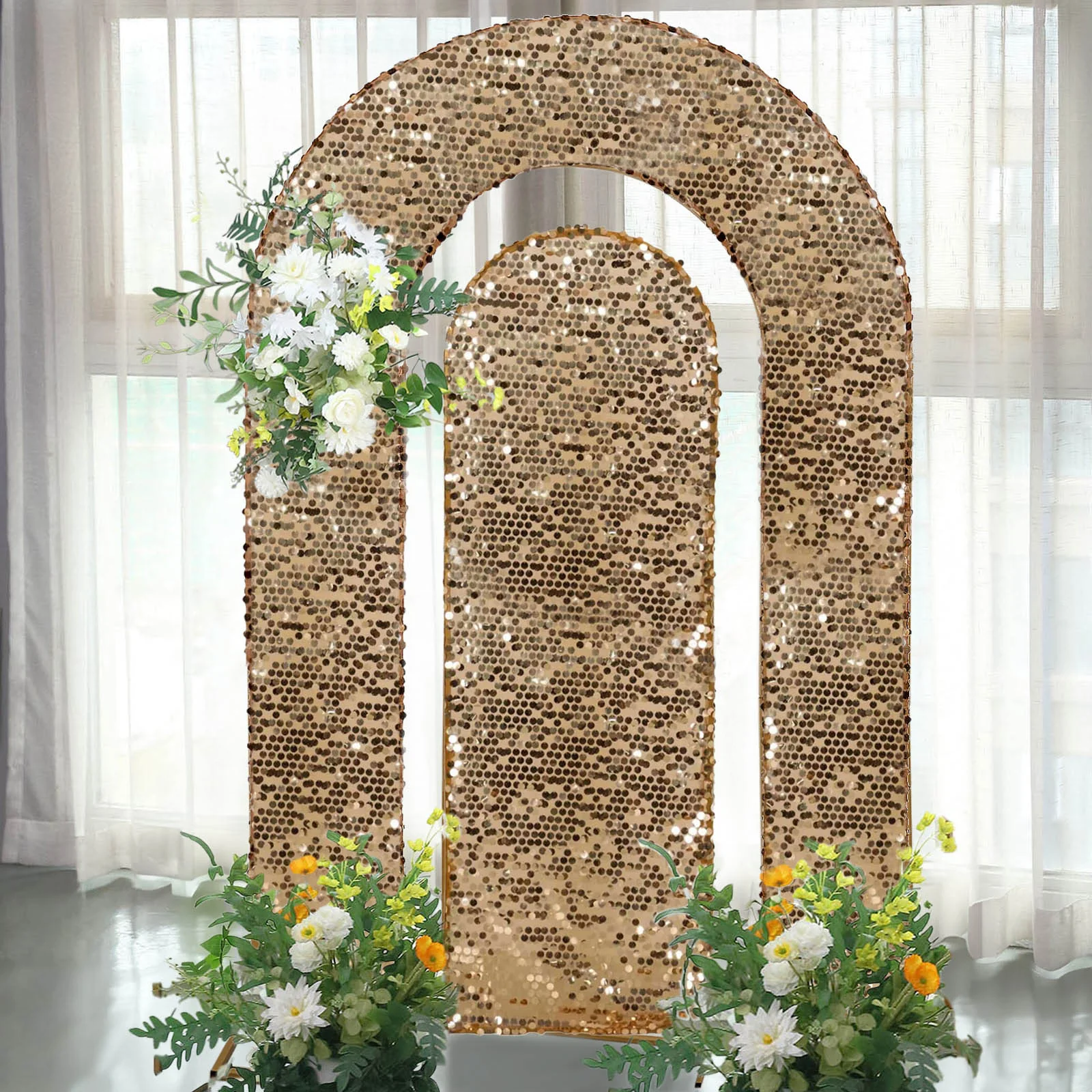 Set of 2 Gold Big Sequin Wedding Arch Covers for Round Top and Double Arch Chiara Backdrop Stands - 6ft,8ft