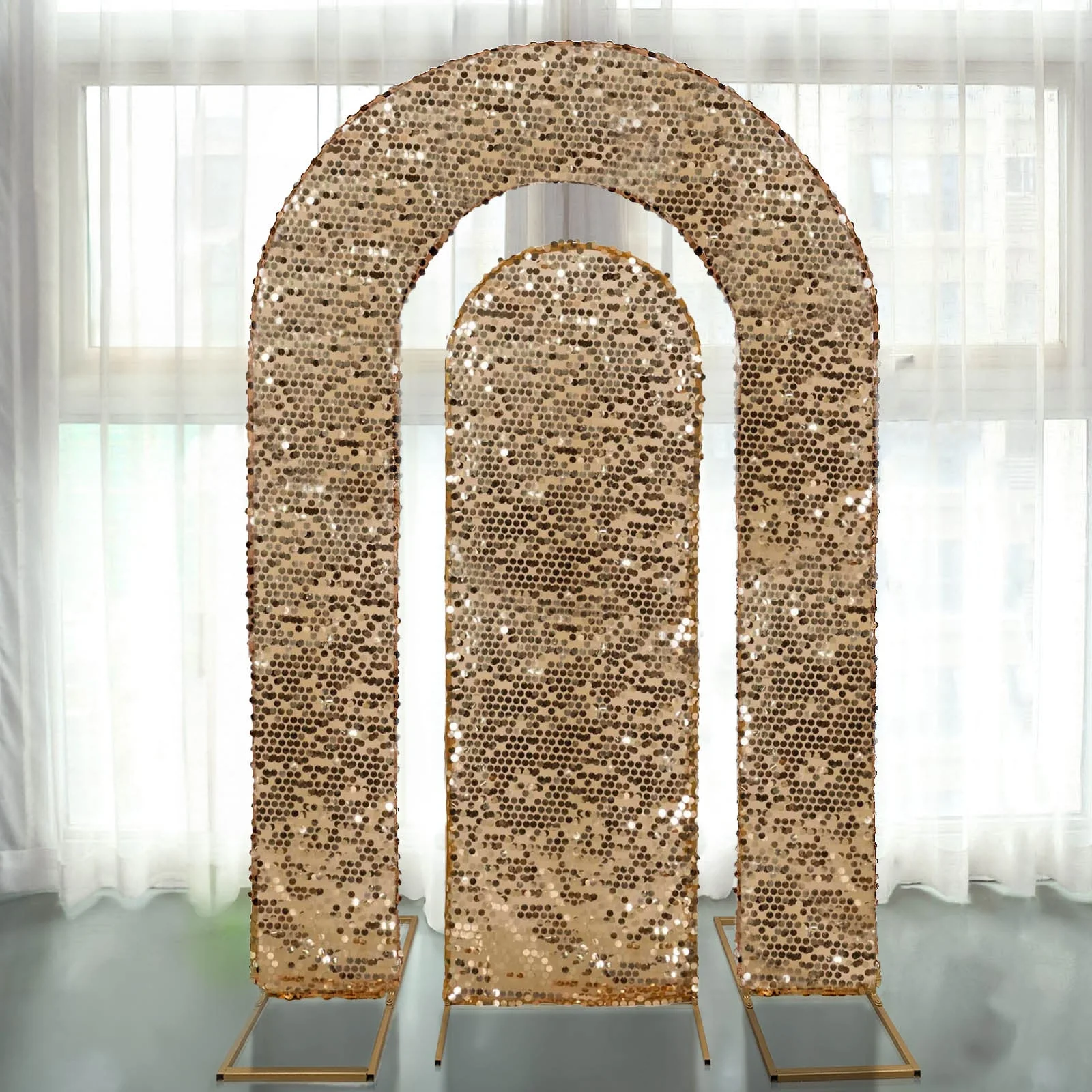 Set of 2 Gold Big Sequin Wedding Arch Covers for Round Top and Double Arch Chiara Backdrop Stands - 6ft,8ft - Image 4