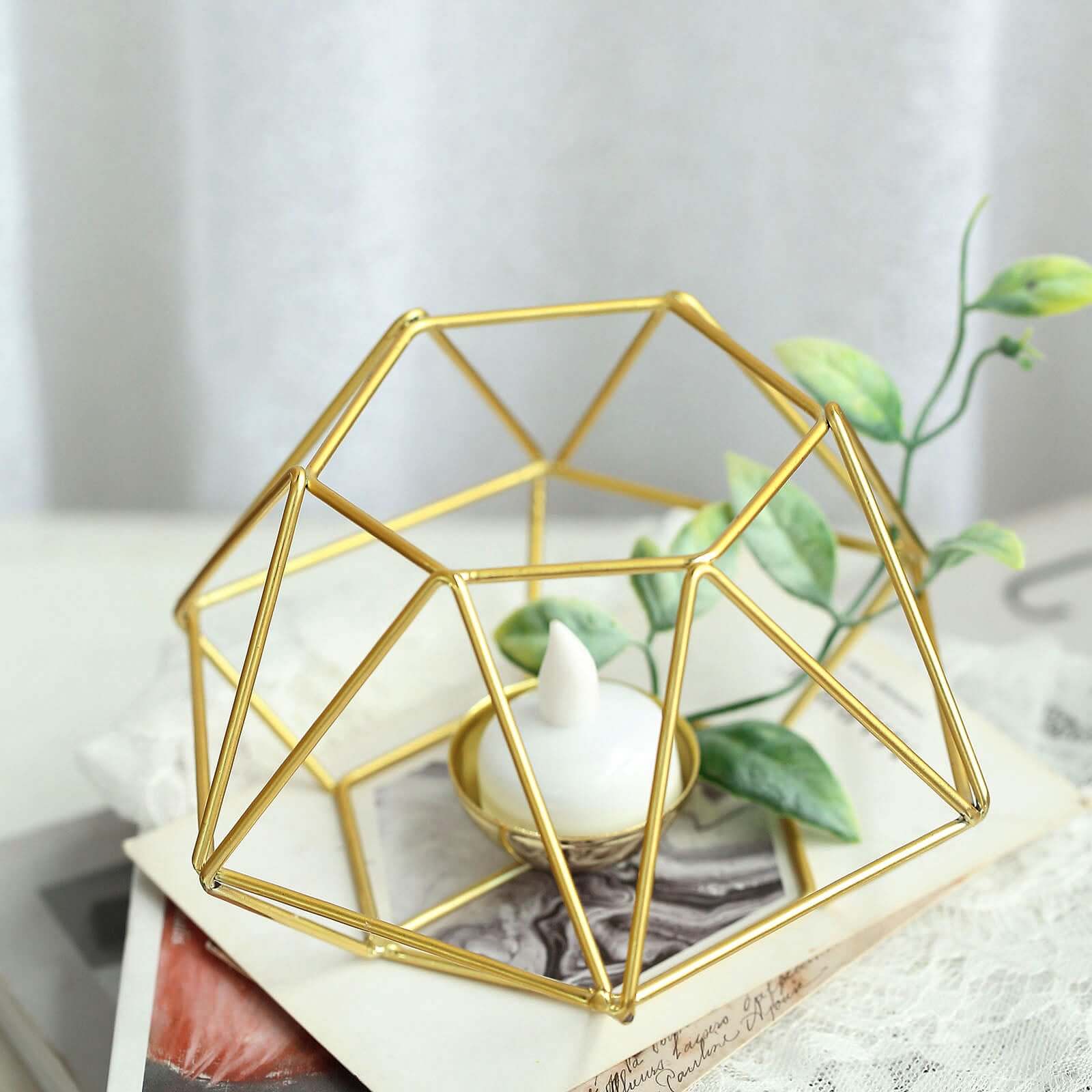 Set of 2 Gold Metal Candle Holders 4"x3" Hexagon Geometric Design - Stylish Table Centerpieces for Weddings & Events - Image 12