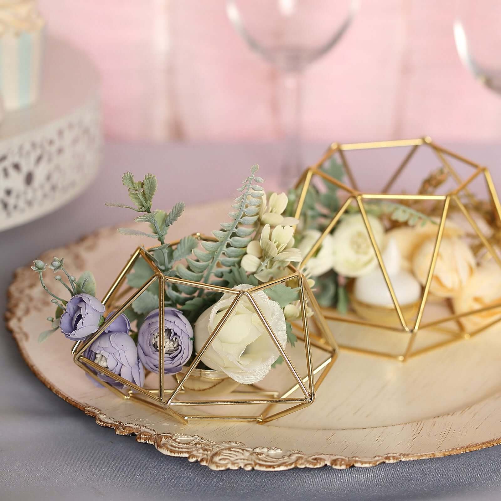 Set of 2 Gold Metal Candle Holders 4"x3" Hexagon Geometric Design - Stylish Table Centerpieces for Weddings & Events - Image 7