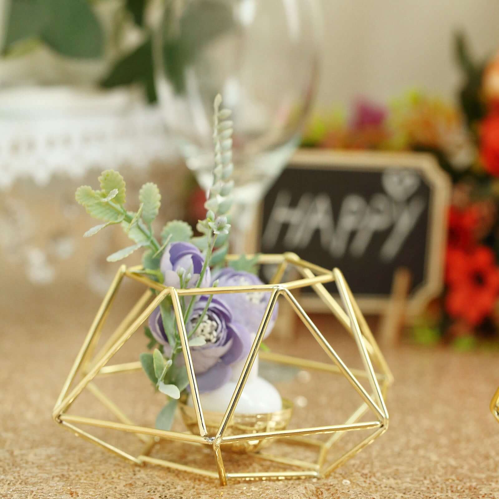 Set of 2 Gold Metal Candle Holders 4"x3" Hexagon Geometric Design - Stylish Table Centerpieces for Weddings & Events - Image 9