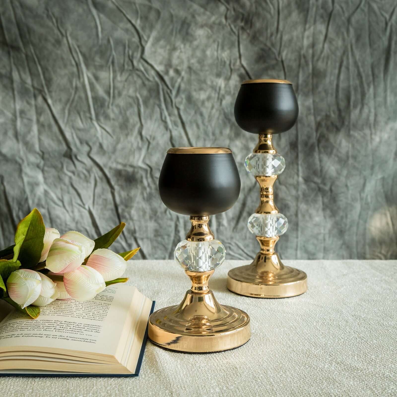 Set of 2 Metal Crystal Lamp Gold/Black Votive Candle Holders 7", 11" - Tealight Stands for Chic Events - Image 6