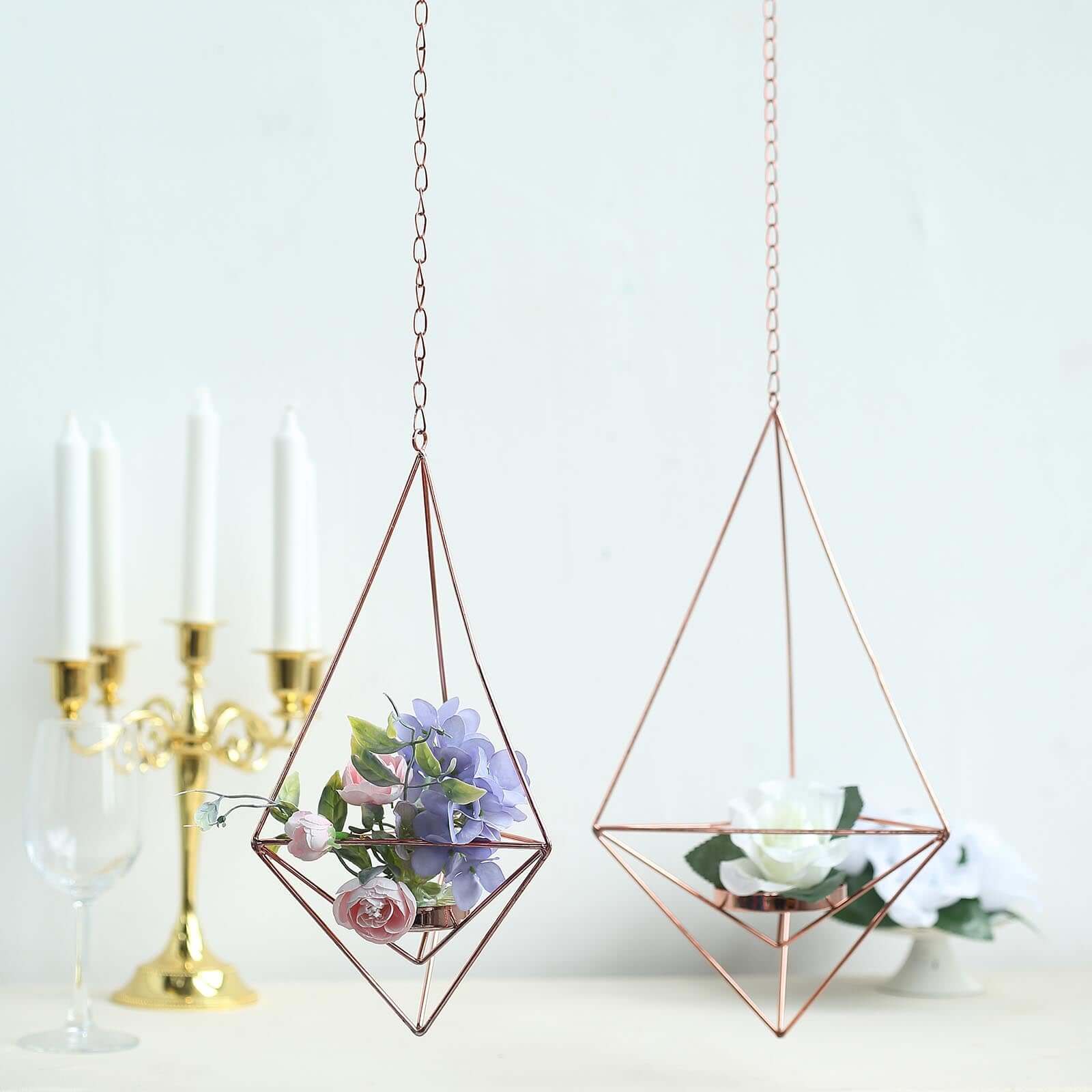 Set of 2 Rose Gold Metal Hanging Tealight Candle Holders 12", 15" Diamond Open Frame - Geometric Flower Terrariums - Image 15