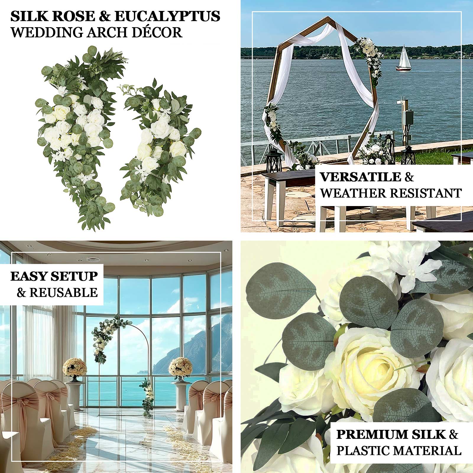 Set of 2 Silk Rose Floral Swag Wedding Arch Decor in White with Eucalyptus Leaves, Large Artificial Flower Arrangement Garlands - 24",42" - Image 3