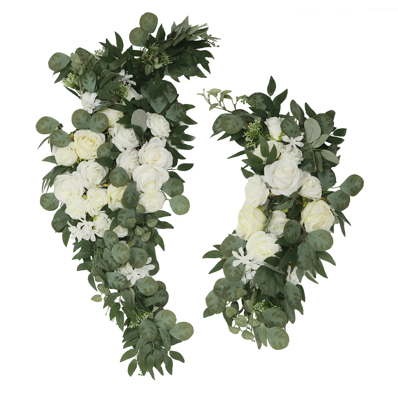 Set of 2 Silk Rose Floral Swag Wedding Arch Decor in White with Eucalyptus Leaves, Large Artificial Flower Arrangement Garlands - 24",42" - Image 5