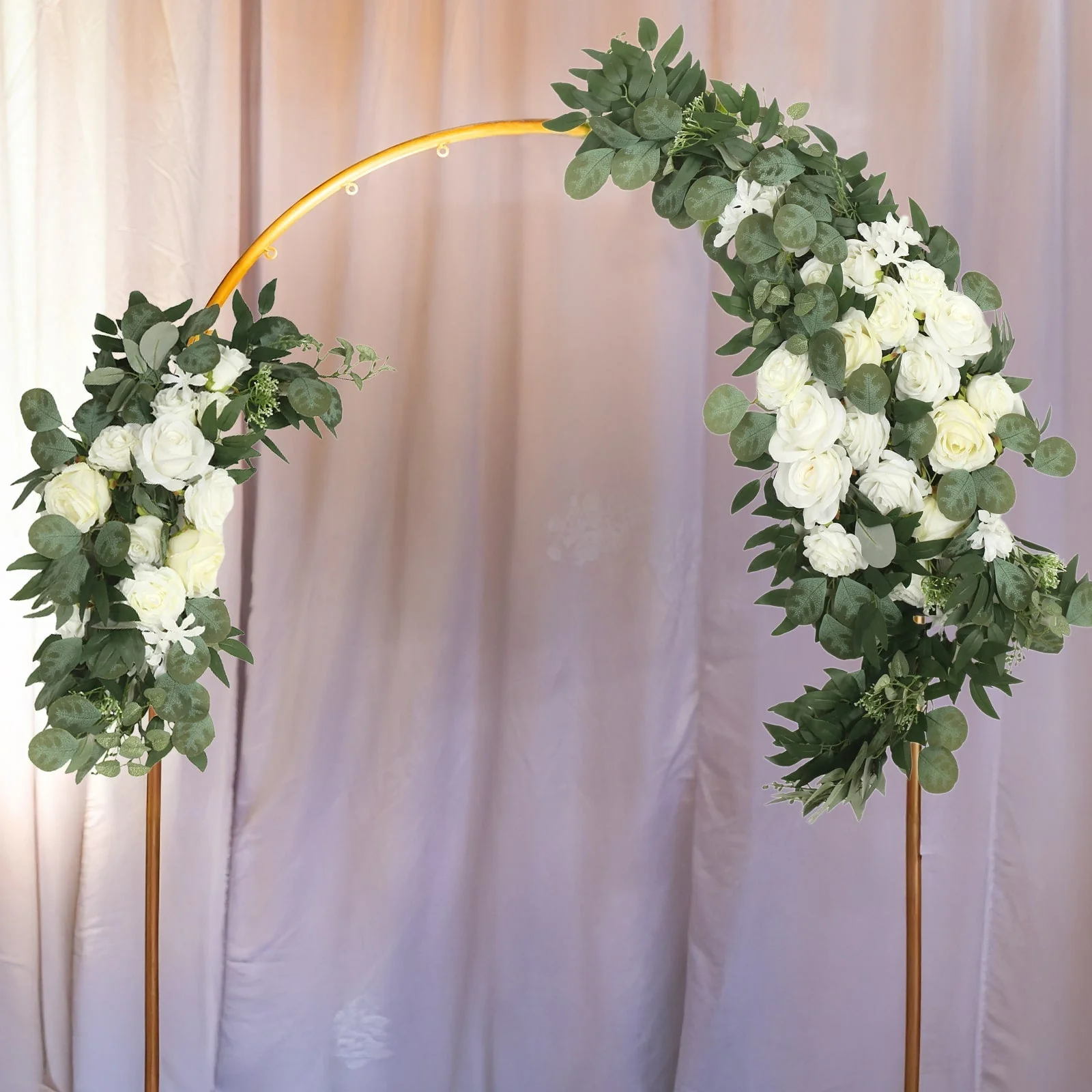 Set of 2 Silk Rose Floral Swag Wedding Arch Decor in White with Eucalyptus Leaves, Large Artificial Flower Arrangement Garlands - 24",42" - Image 8