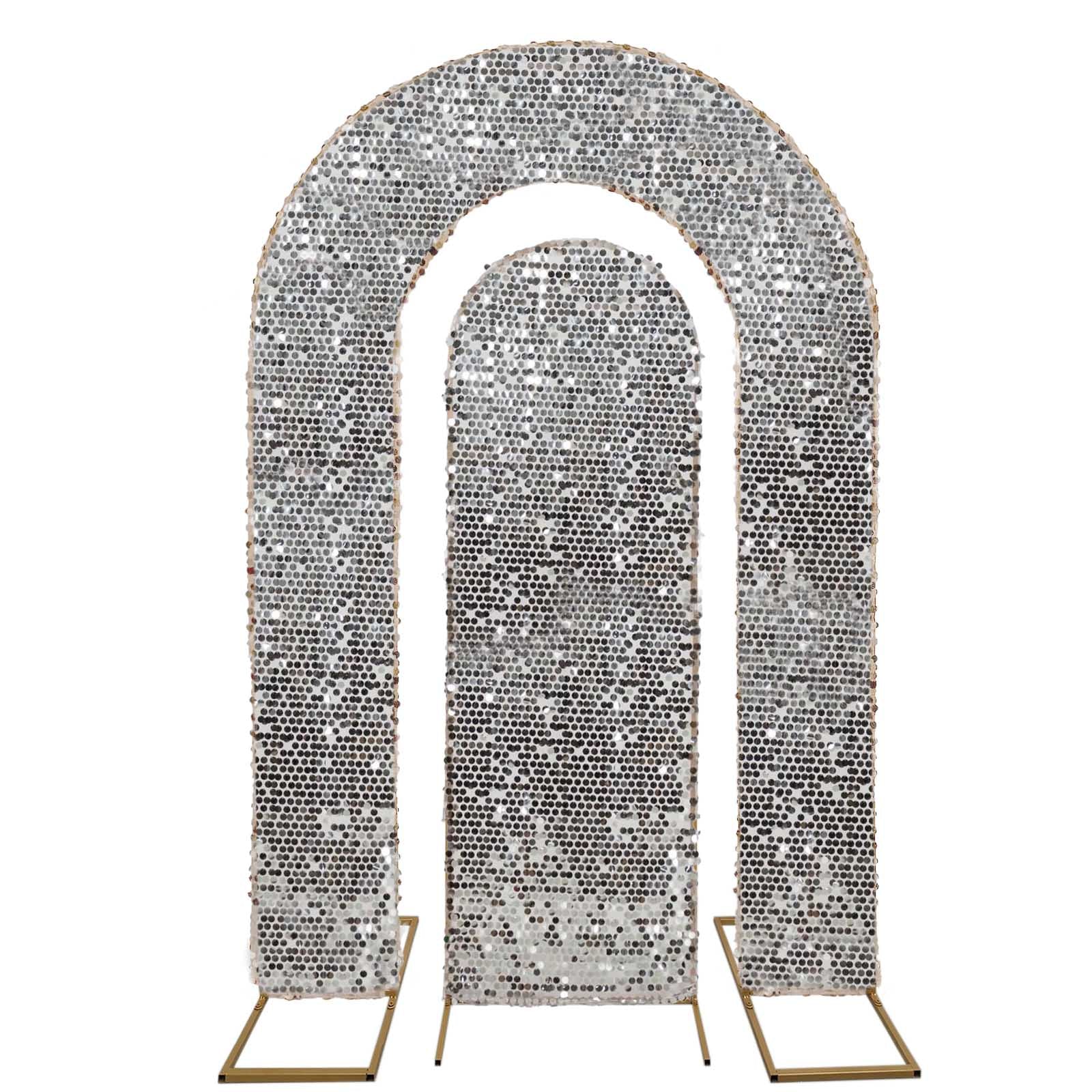 Set of 2 Silver Big Sequin Wedding Arch Covers for Round Top and Double Arch Chiara Backdrop Stands - 6ft,8ft - Image 6