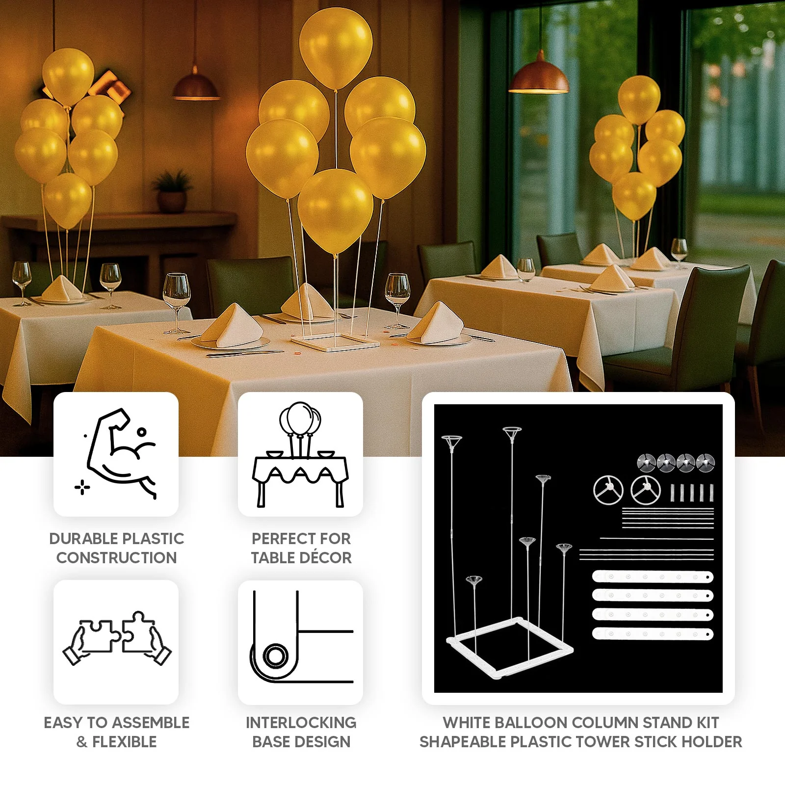Set of 2 White Plastic Balloon Column Stand Kit with Interlocking Base, DIY Shapeable Balloon Tower Stick Holder for Table Centerpieces - Image 3