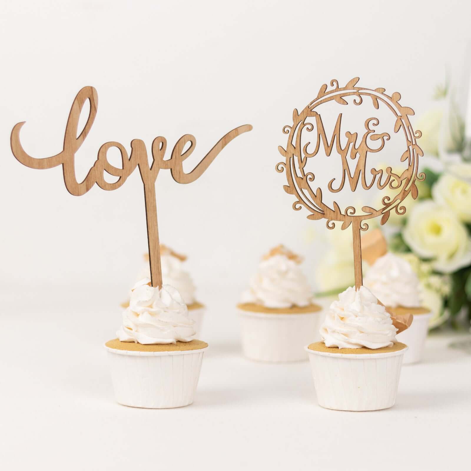 Set of 2 Wooden Cake Toppers Natural Mr & Mrs and Love Design - Rustic Wedding Cupcake Decorations - Image 11