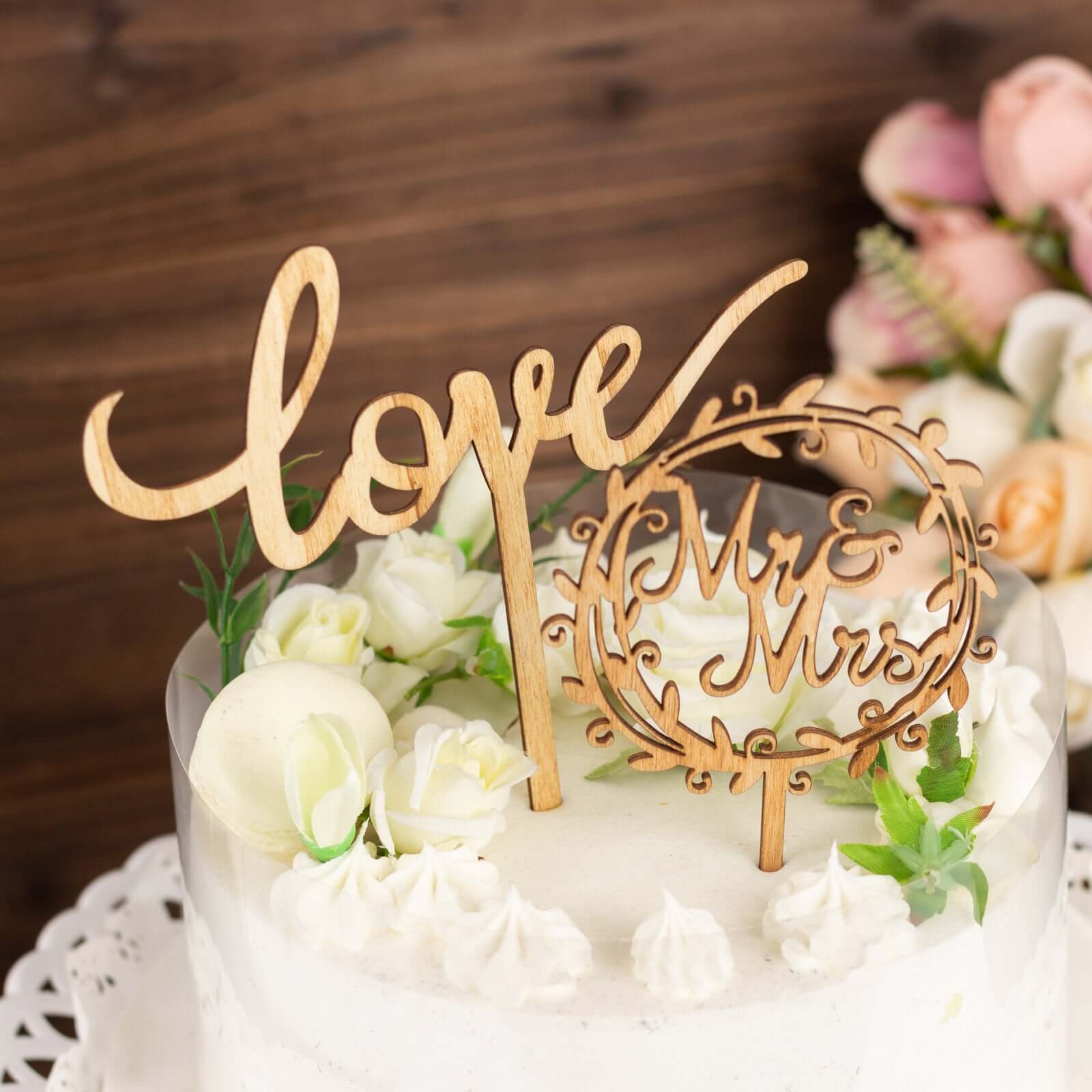 Set of 2 Wooden Cake Toppers Natural Mr & Mrs and Love Design - Rustic Wedding Cupcake Decorations - Image 12