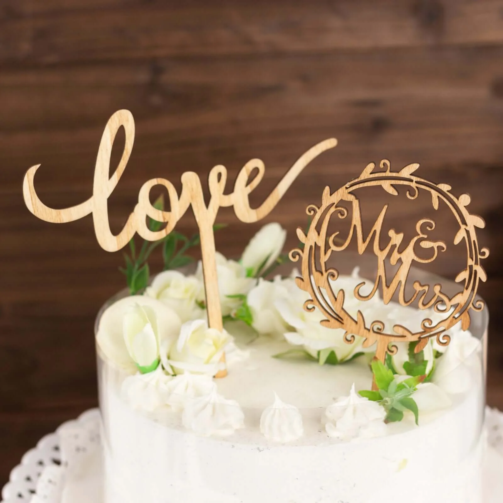 Set of 2 Wooden Cake Toppers Natural Mr & Mrs and Love Design - Rustic Wedding Cupcake Decorations - Image 2