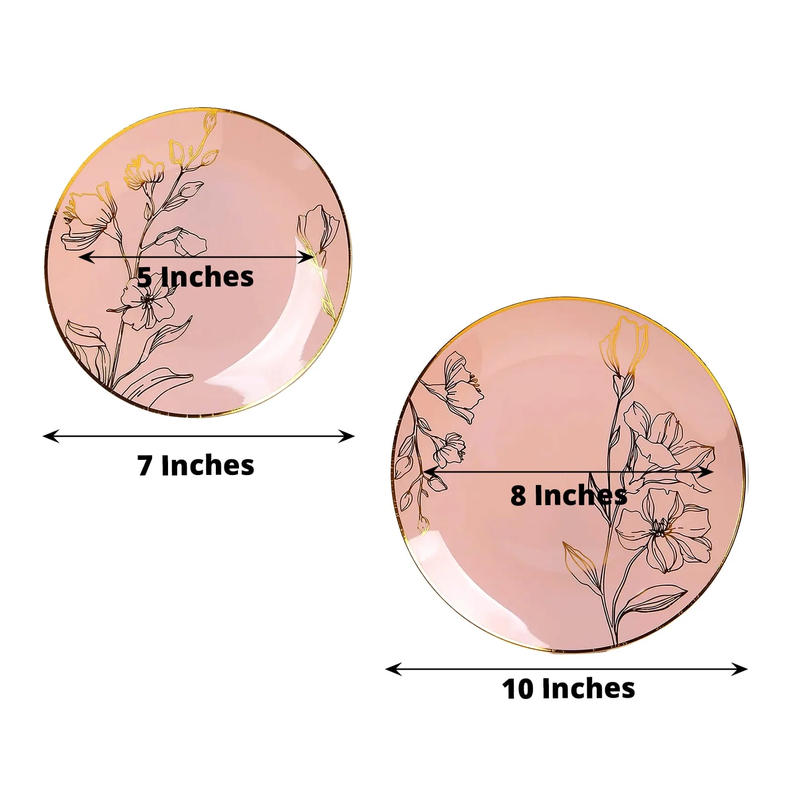 Set of 20 Plastic Round Dinner and Dessert Plates 8", 10" Dusty Rose with Metallic Gold Floral Design - Chic Disposable Dinnerware - Image 3