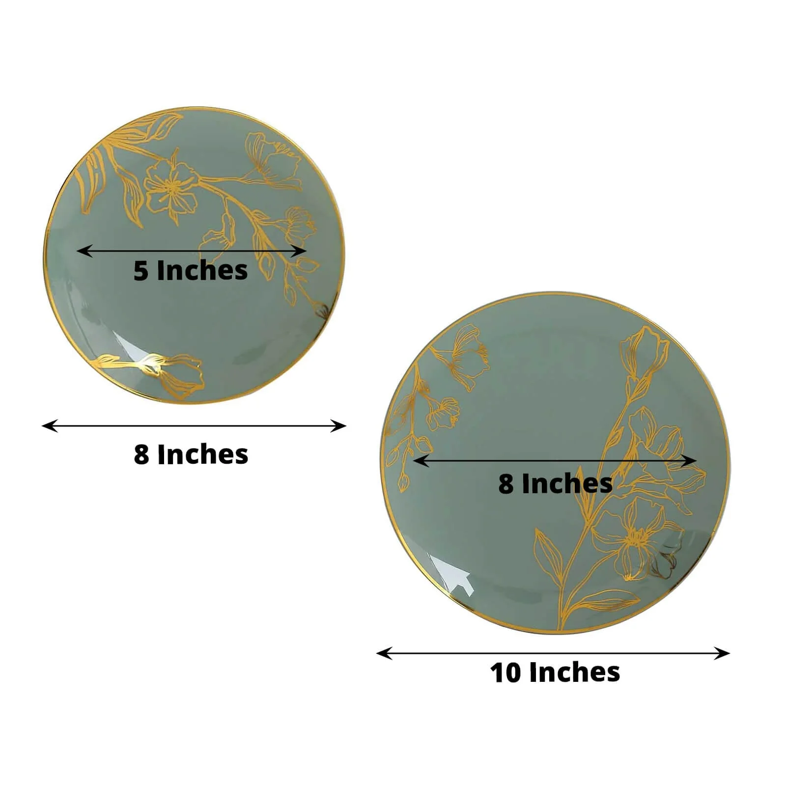 Set of 20 Plastic Round Dinner and Dessert Plates 8", 10" Dusty Sage Green with Metallic Gold Floral Design - Chic Disposable Dinnerware - Image 3
