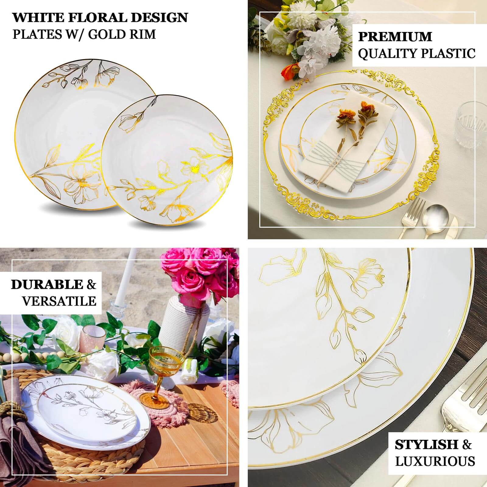Set of 20 Plastic Round Dinner and Dessert Plates 8", 10" Dusty Sage Green with Metallic Gold Floral Design - Chic Disposable Dinnerware - Image 4