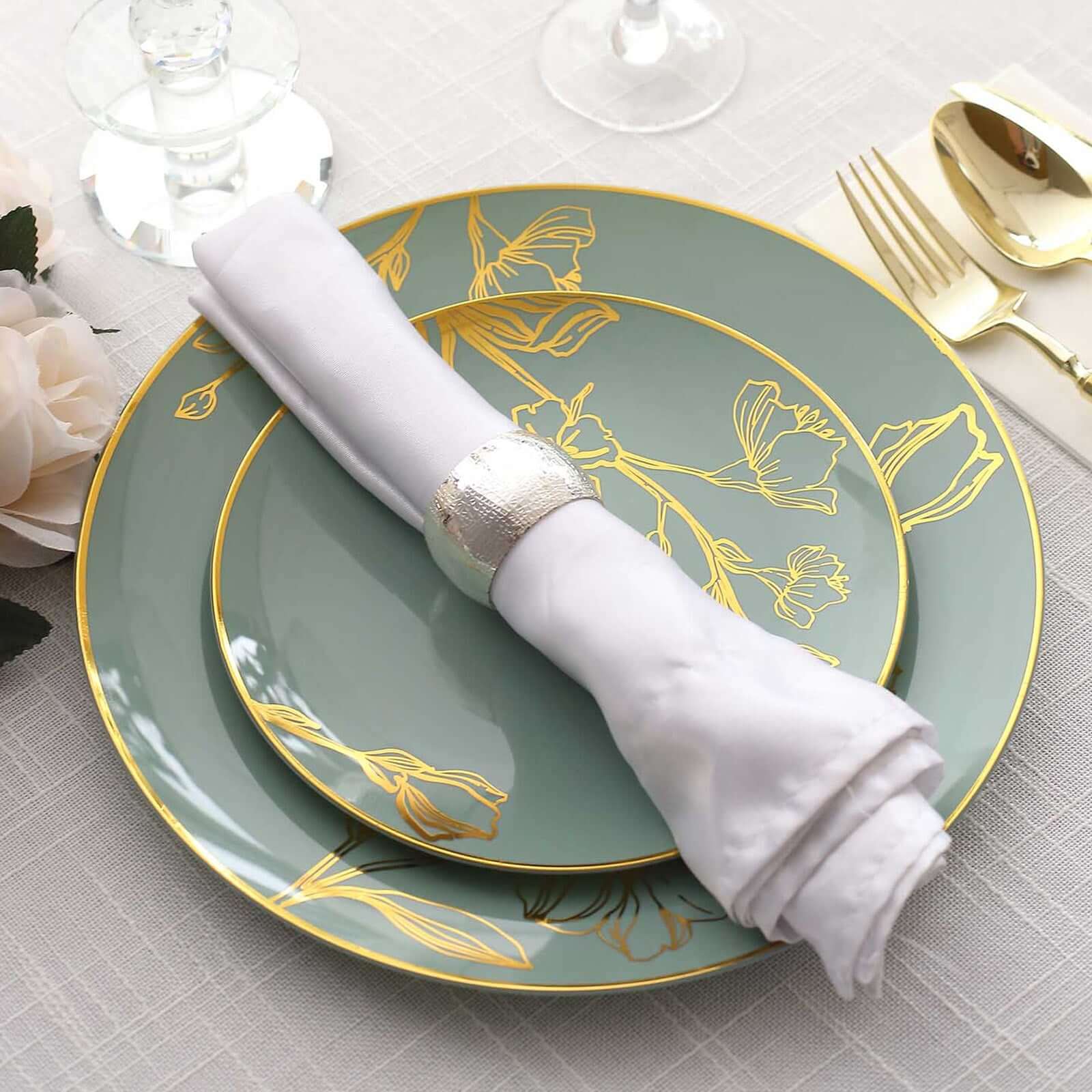 Set of 20 Plastic Round Dinner and Dessert Plates 8", 10" Dusty Sage Green with Metallic Gold Floral Design - Chic Disposable Dinnerware - Image 6