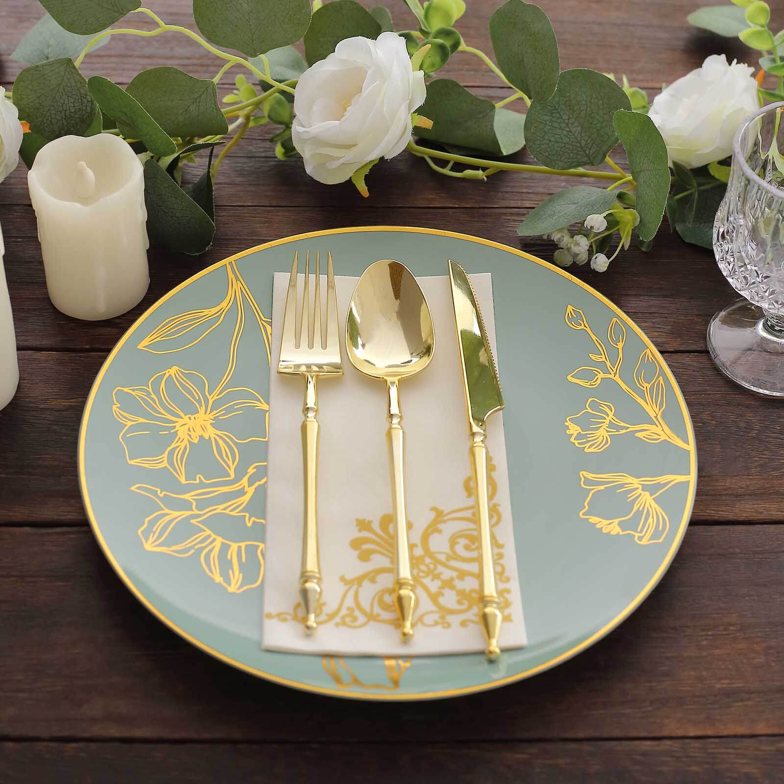 Set of 20 Plastic Round Dinner and Dessert Plates 8", 10" Dusty Sage Green with Metallic Gold Floral Design - Chic Disposable Dinnerware - Image 8