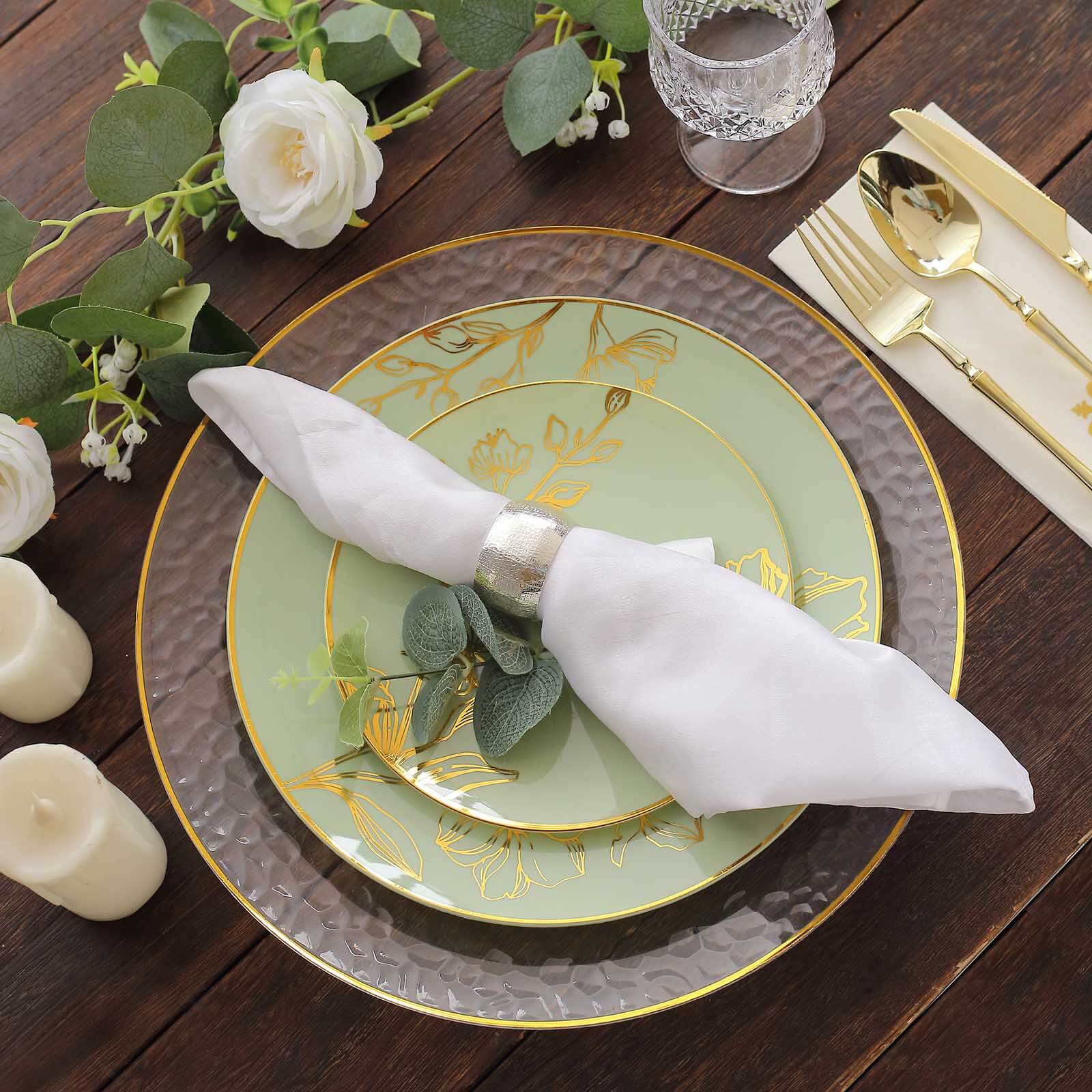 Set of 20 Plastic Round Dinner and Dessert Plates 8", 10" Sage Green with Metallic Gold Floral Design - Chic Disposable Dinnerware - Image 2
