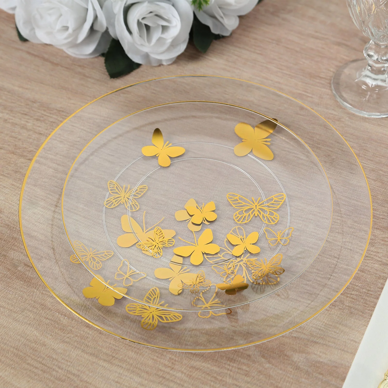 Set of 20 Plastic Round Dinner and Salad Plates 8", 10" Clear with Gold Butterfly Design & Gold Rim - Chic Disposable Dinnerware - Image 7