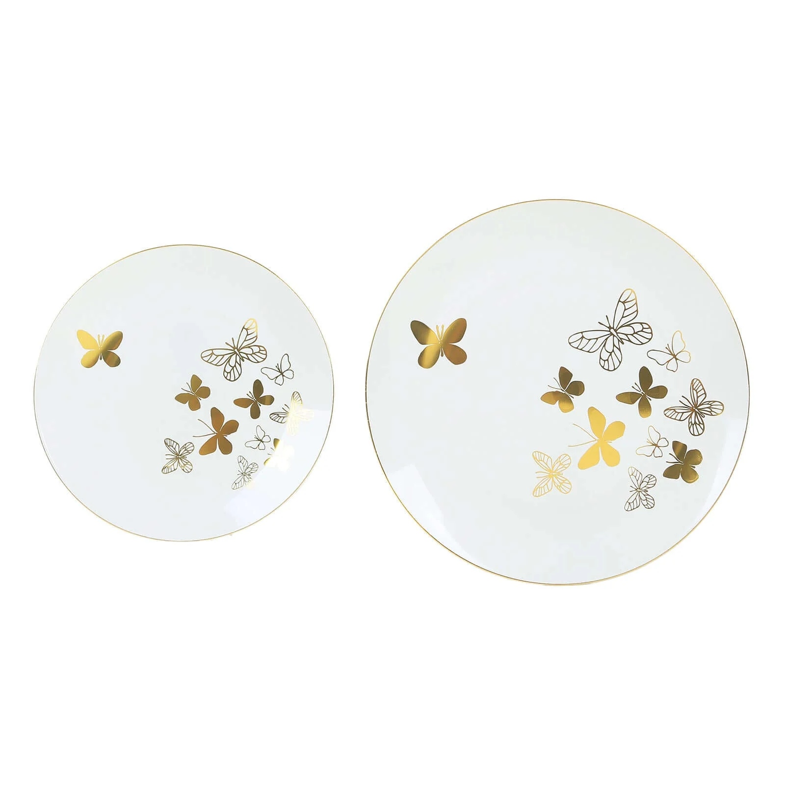 Set of 20 Plastic Round Dinner and Salad Plates 8", 10" White with Gold Butterfly Design & Gold Rim - Chic Disposable Dinnerware for Special Occasions & Gatherings - Image 7