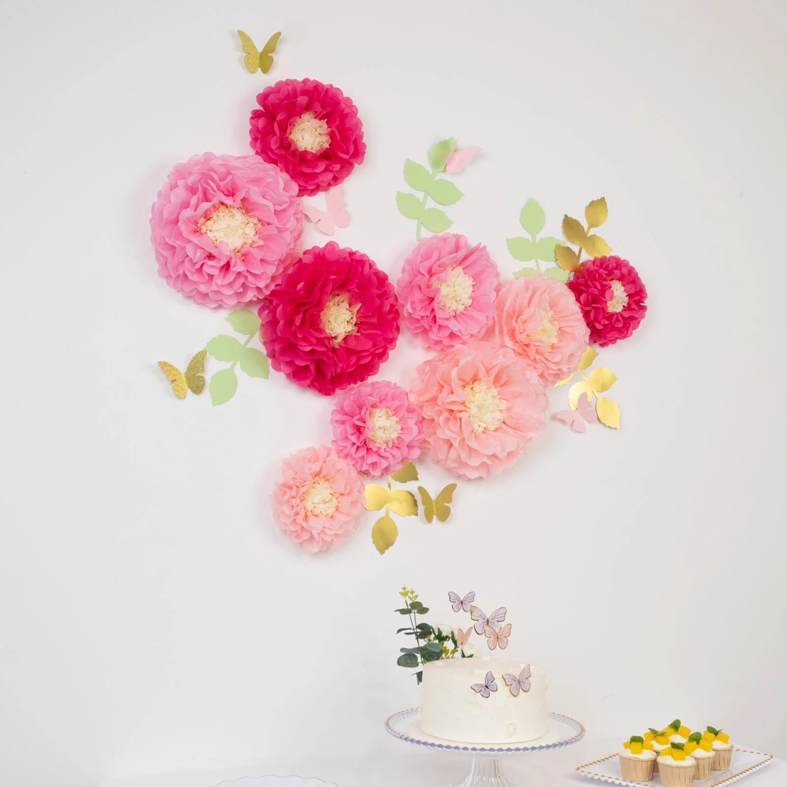 Set of 21 Tissue Paper Pom Poms Decor Kit – Blush Peach 3D Chrysanth Floral Wall Decor with Butterflies & Olive Leaves - 8",10",12" - Image 2