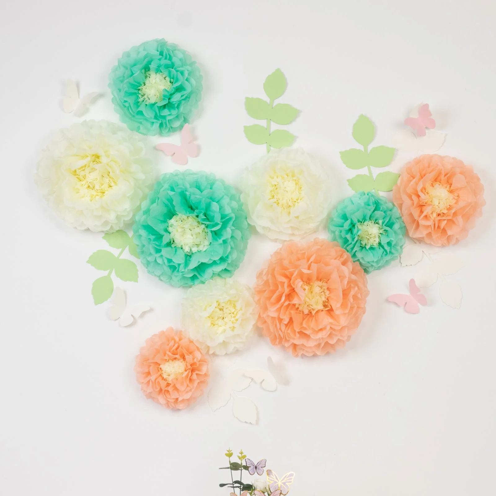 Set of 21 Tissue Paper Pom Poms Decor Kit – Cream Peach 3D Chrysanth Floral Wall Decor with Butterflies & Olive Leaves - 8",10",12"
