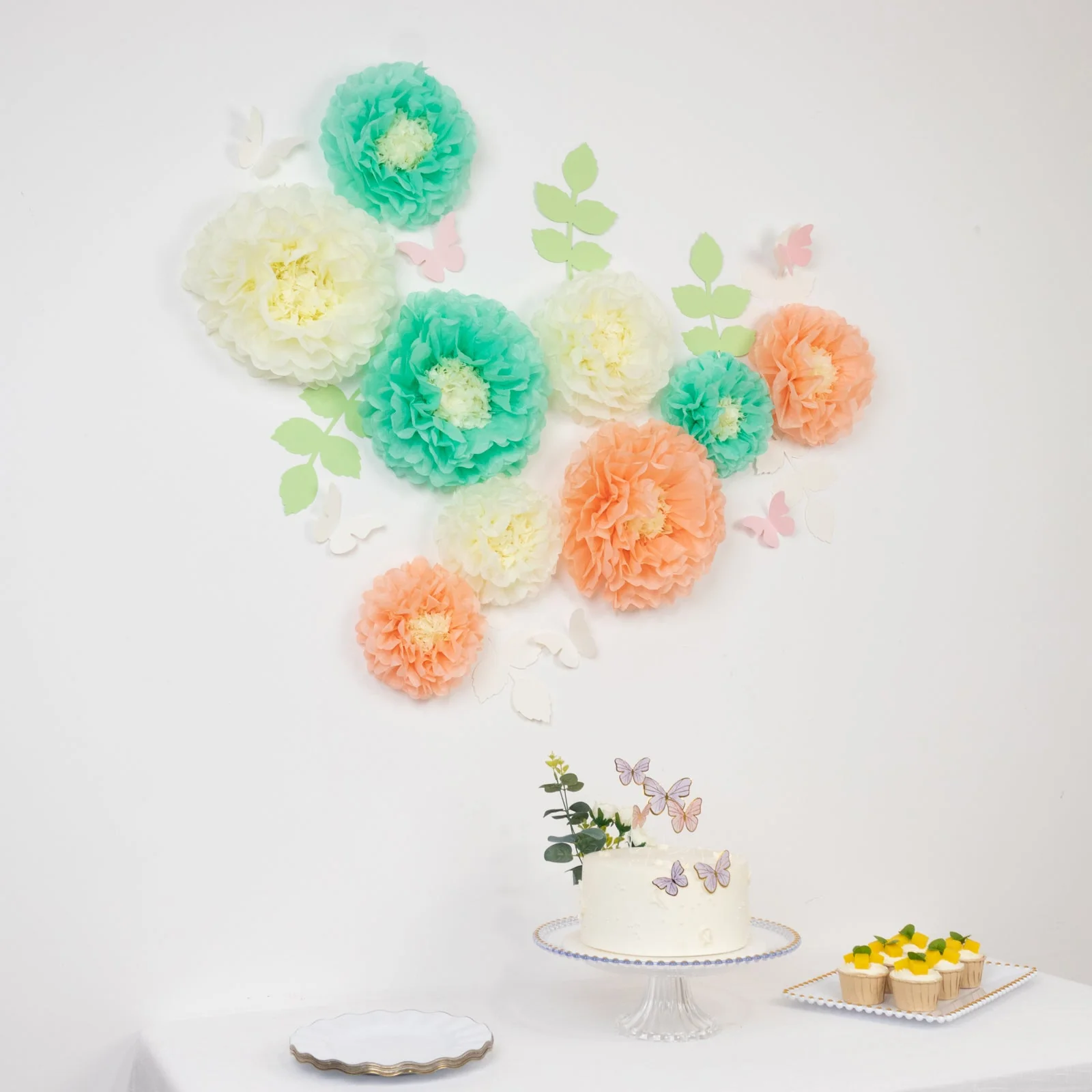 Set of 21 Tissue Paper Pom Poms Decor Kit – Cream Peach 3D Chrysanth Floral Wall Decor with Butterflies & Olive Leaves - 8",10",12" - Image 2