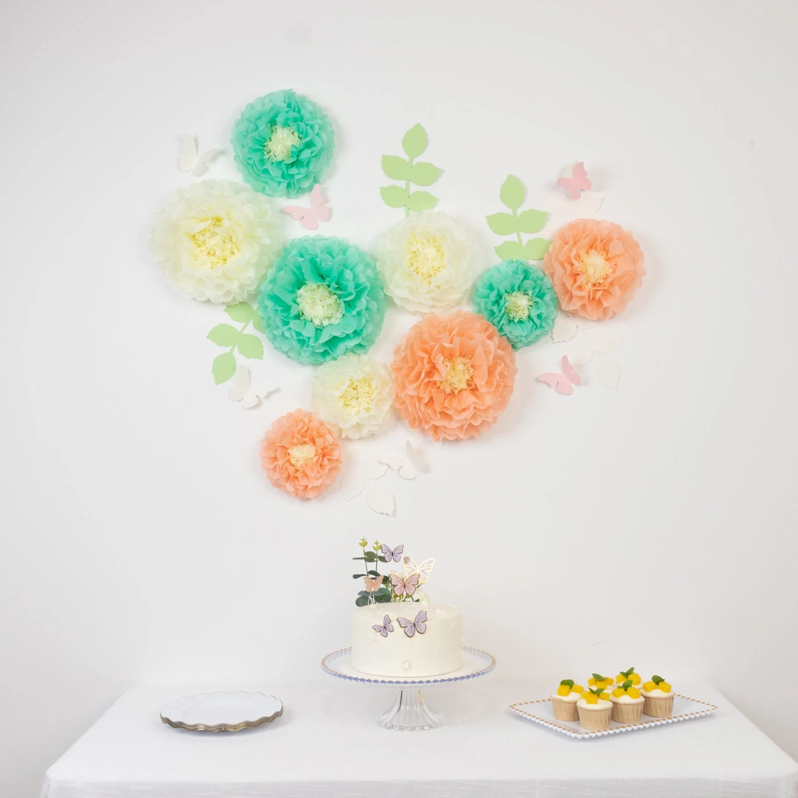 Set of 21 Tissue Paper Pom Poms Decor Kit – Cream Peach 3D Chrysanth Floral Wall Decor with Butterflies & Olive Leaves - 8",10",12" - Image 3
