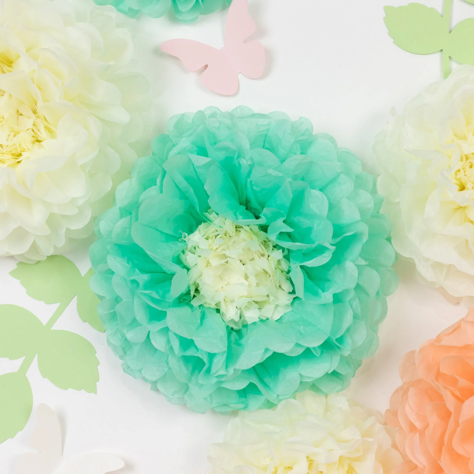 Set of 21 Tissue Paper Pom Poms Decor Kit – Cream Peach 3D Chrysanth Floral Wall Decor with Butterflies & Olive Leaves - 8",10",12" - Image 6