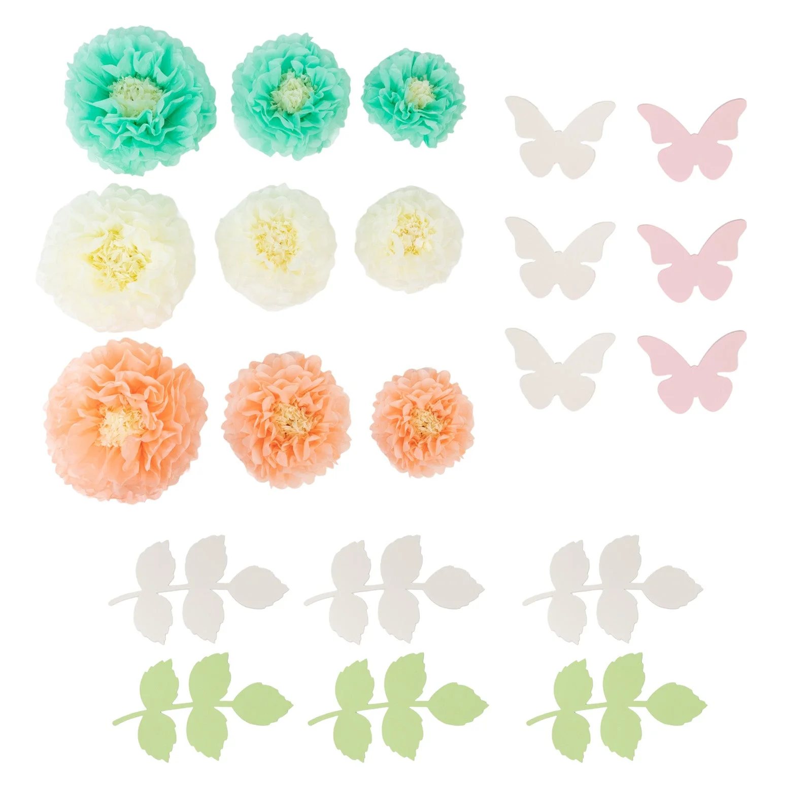 Set of 21 Tissue Paper Pom Poms Decor Kit – Cream Peach 3D Chrysanth Floral Wall Decor with Butterflies & Olive Leaves - 8",10",12" - Image 7