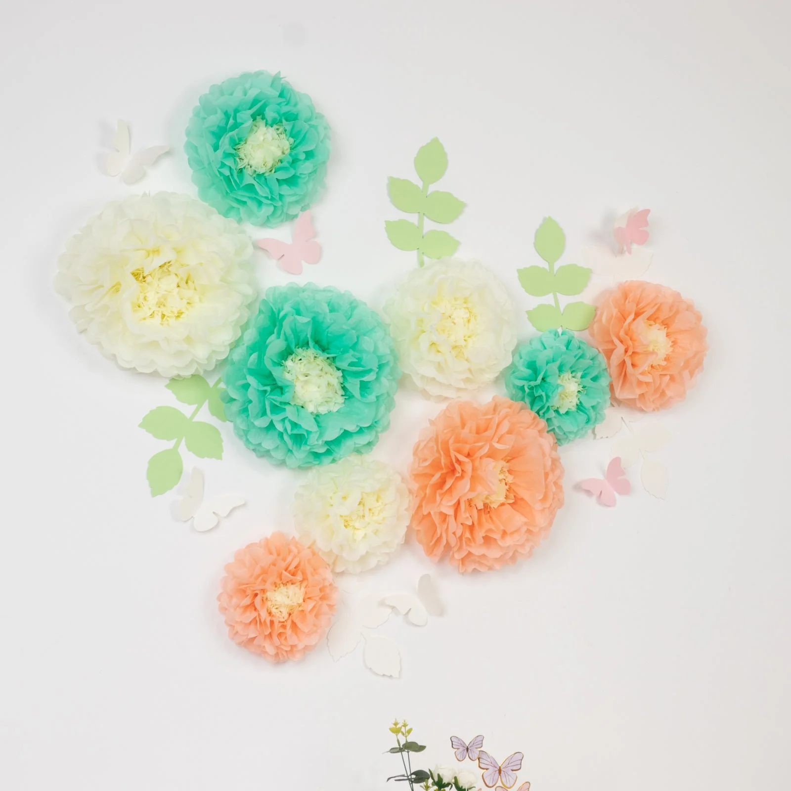 Set of 21 Tissue Paper Pom Poms Decor Kit – Cream Peach 3D Chrysanth Floral Wall Decor with Butterflies & Olive Leaves - 8",10",12" - Image 8