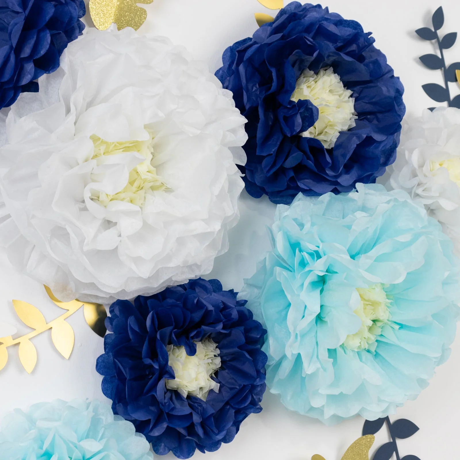 Set of 21 Tissue Paper Pom Poms Decor Kit – White Blue 3D Chrysanth Floral Wall Decor with Butterflies & Olive Leaves - 8",10",12" - Image 6